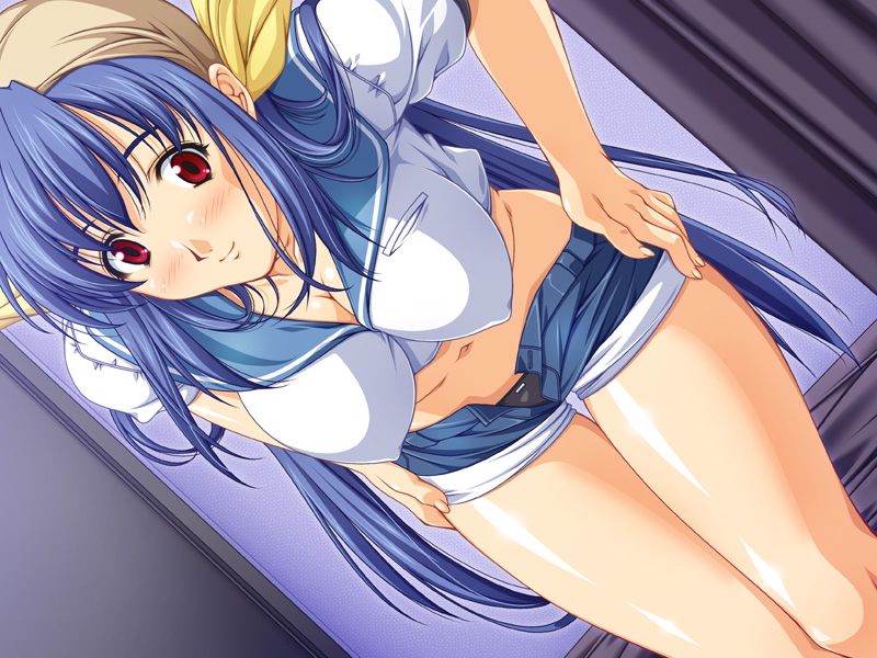 racco, dizzy (guilty gear), arc system works, guilty gear, 1girl, bent over, blue hair, blue sailor collar, blush, breasts, clothes pull, covered erect nipples, female focus, hands on own hips, impossible clothes, impossible shirt, large breasts, pirate, pulling own clothes, sailor collar, shirt, short shorts, shorts, shorts pull, smile, solo, undressing, unzipped