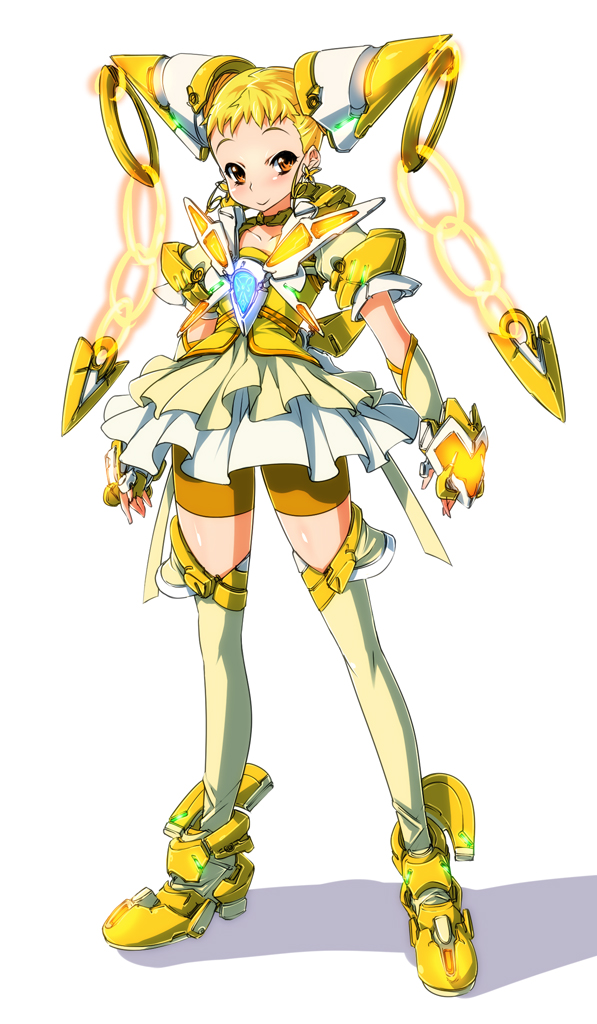 nekomamire, cure lemonade, kasugano urara (yes! precure 5), precure, yes! precure 5, 00s, 1girl, adapted costume, alternate costume, armor, armored dress, bike shorts, bike shorts under skirt, blonde hair, boots, dress, female focus, legs, magical girl, mecha musume, shorts, shorts under skirt, skirt, solo, thighhighs, twintails, yellow skirt, yellow thighhighs