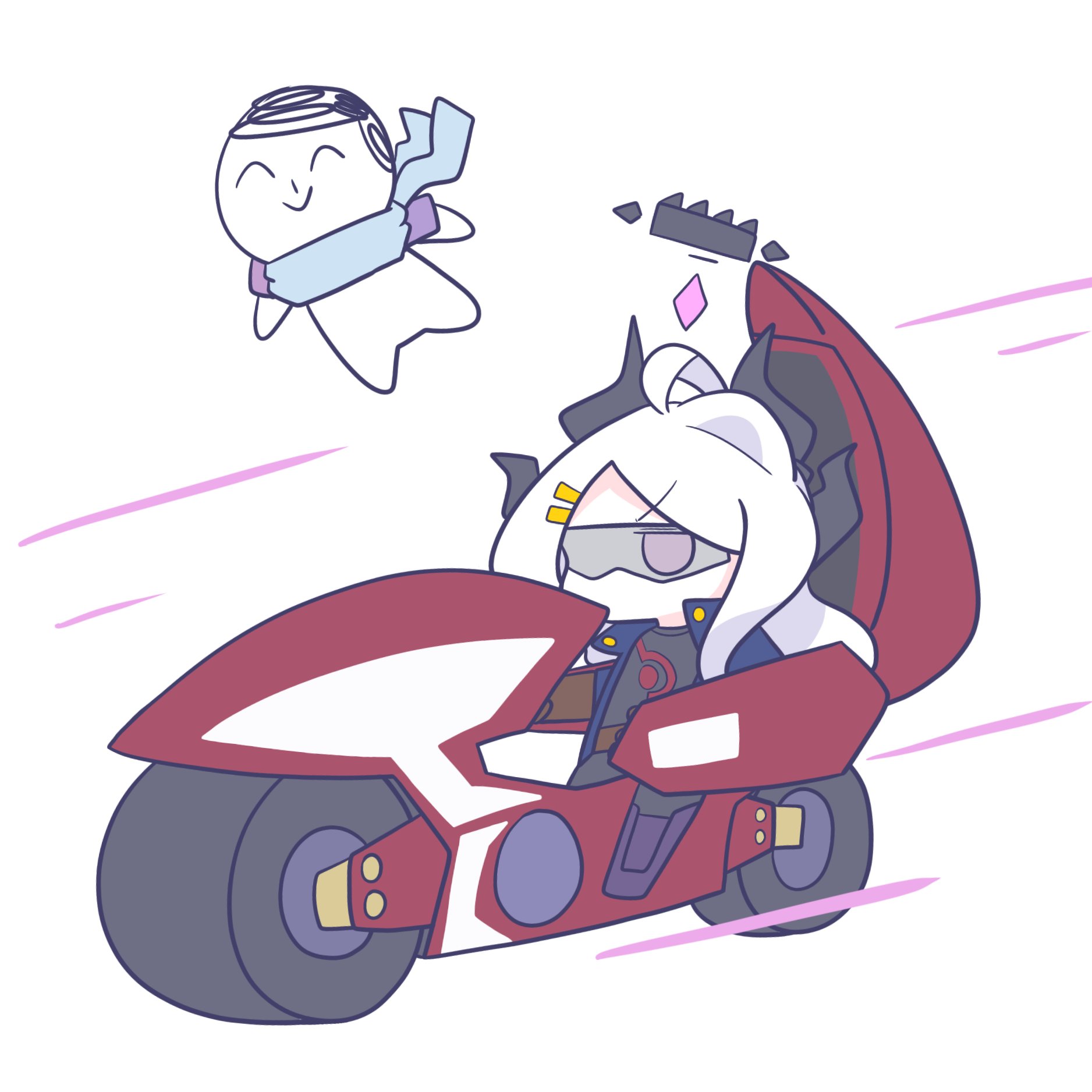 sirokochu, doodle sensei (blue archive), fudo yusei, hina (blue archive), sensei (blue archive), blue archive, yu-gi-oh!, yu-gi-oh! 5d's, commentary, english commentary, highres, 1boy, 1girl, ahoge, alternate costume, black halo, blue shawl, cosplay, d-wheel, demon girl, demon horns, flying, fudo yusei (cosplay), glasses, halo, horns, long hair, multiple horns, no mouth, purple eyes, riding, shawl, white background