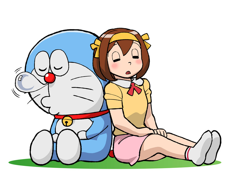 ueyama michirou, doraemon (character), suzumiya haruhi, doraemon, suzumiya haruhi no yuuutsu, crossover, fujiko f fujio (style), parody, sleeping, style parody