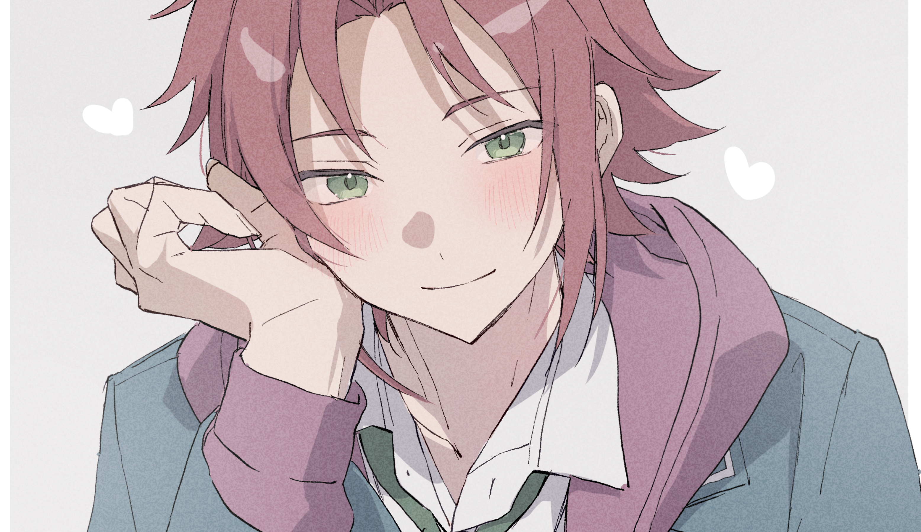 reijiro, isara mao, ensemble stars!, commentary, highres, 1boy, bangs pinned back, blue jacket, blush, closed mouth, collared shirt, eye contact, green eyes, green necktie, hand on own face, hand up, heart, hood, hooded jacket, jacket, layered sleeves, looking at another, looking at viewer, male focus, necktie, pillarboxed, portrait, red hair, school uniform, shirt, sidelocks, smile, solo, yumenosaki school uniform