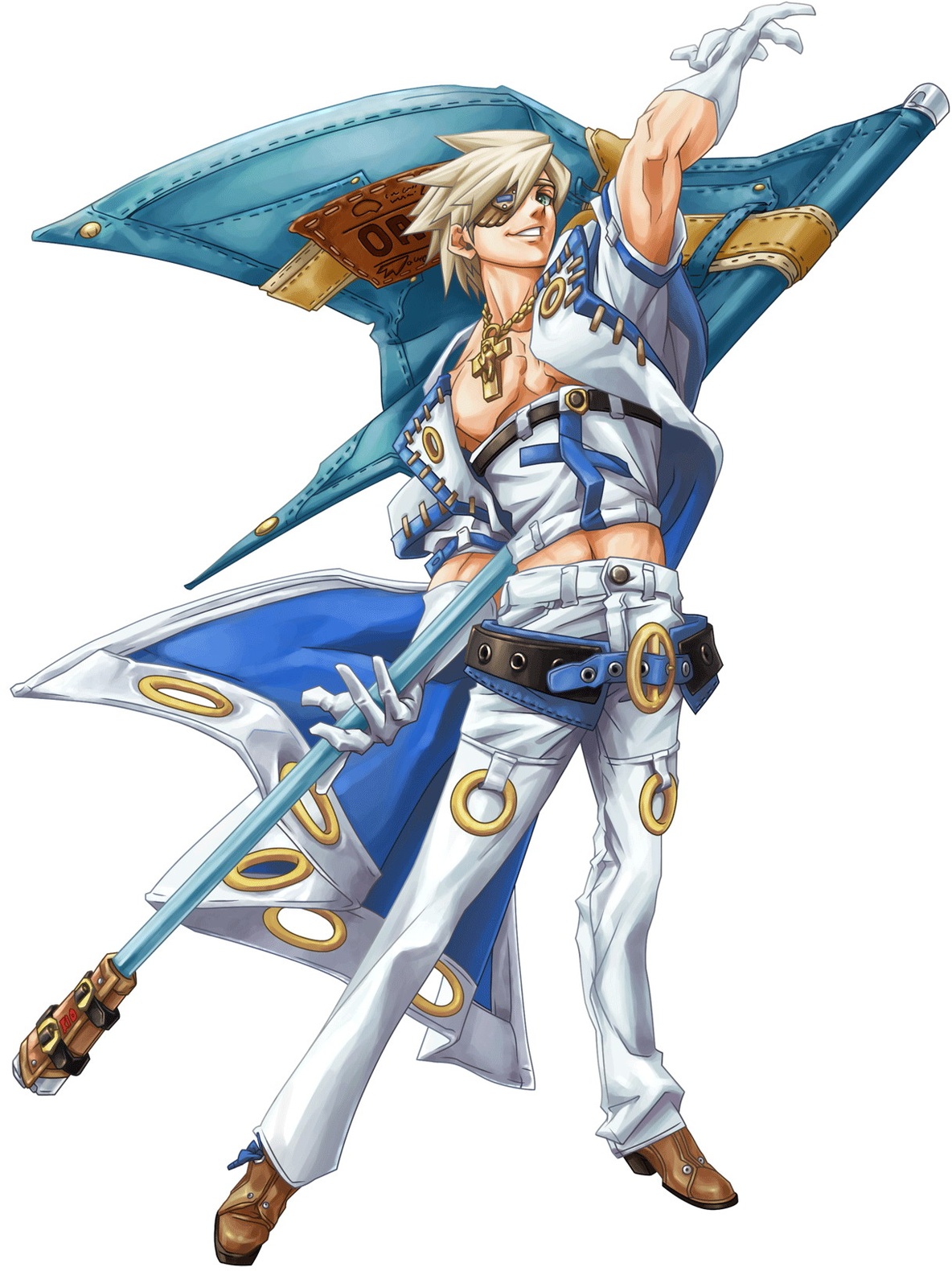 sin kiske, arc system works, guilty gear, guilty gear 2, highres, official art, 1boy, blonde hair, blue eyes, cross, eyepatch, fabulous, flag, gloves, male focus, sack, solo