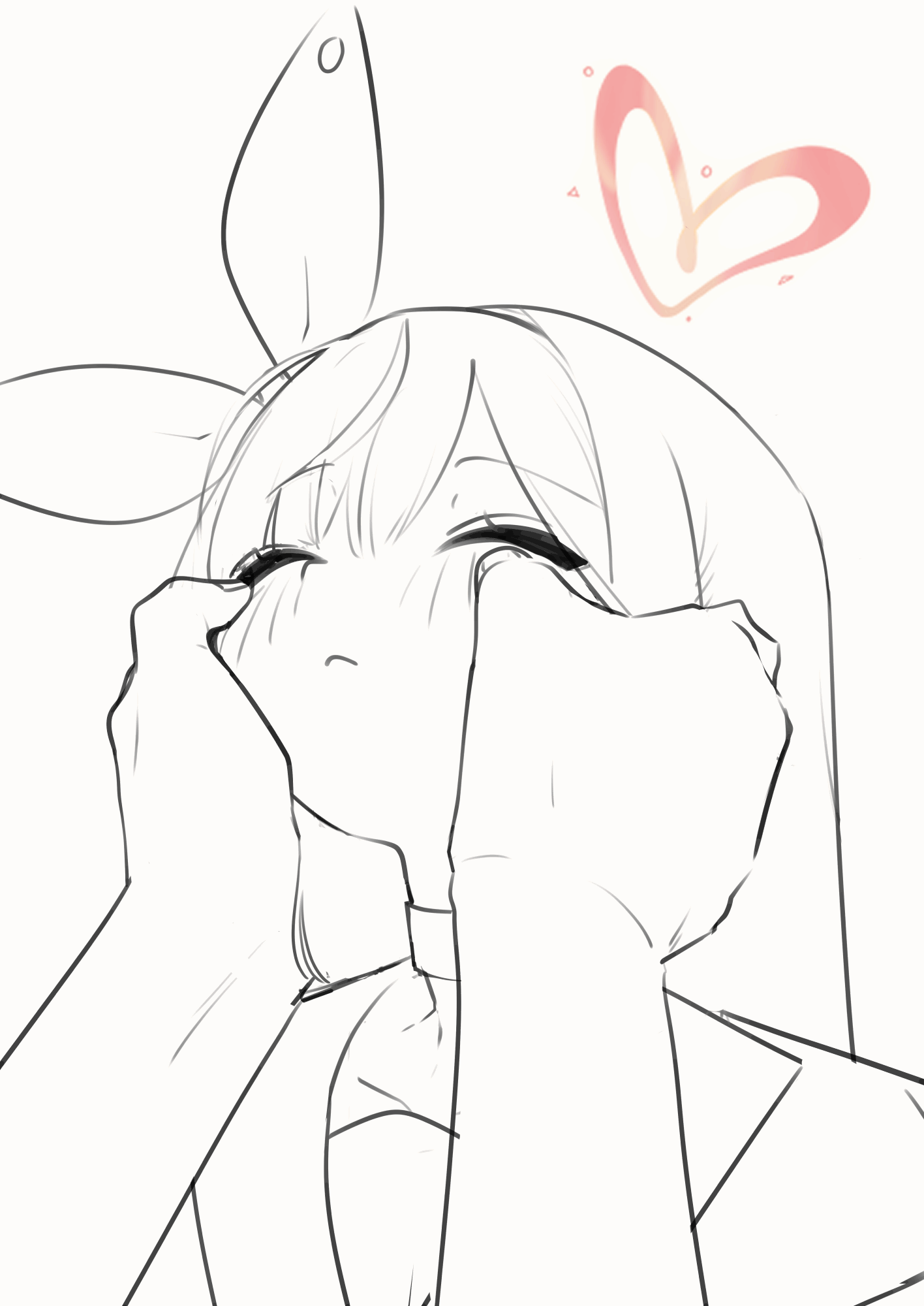 sharp to sharp, plana (blue archive), blue archive, animated, animated gif, commentary request, highres, korean commentary, looping animation, 1girl, bow, choker, closed eyes, collarbone, hair bow, halo, hand on another's cheek, hand on another's face, heart, heart halo, lineart, looking up, massage, pink halo, pov, pov hands, simple background, solo focus, spot color, upper body