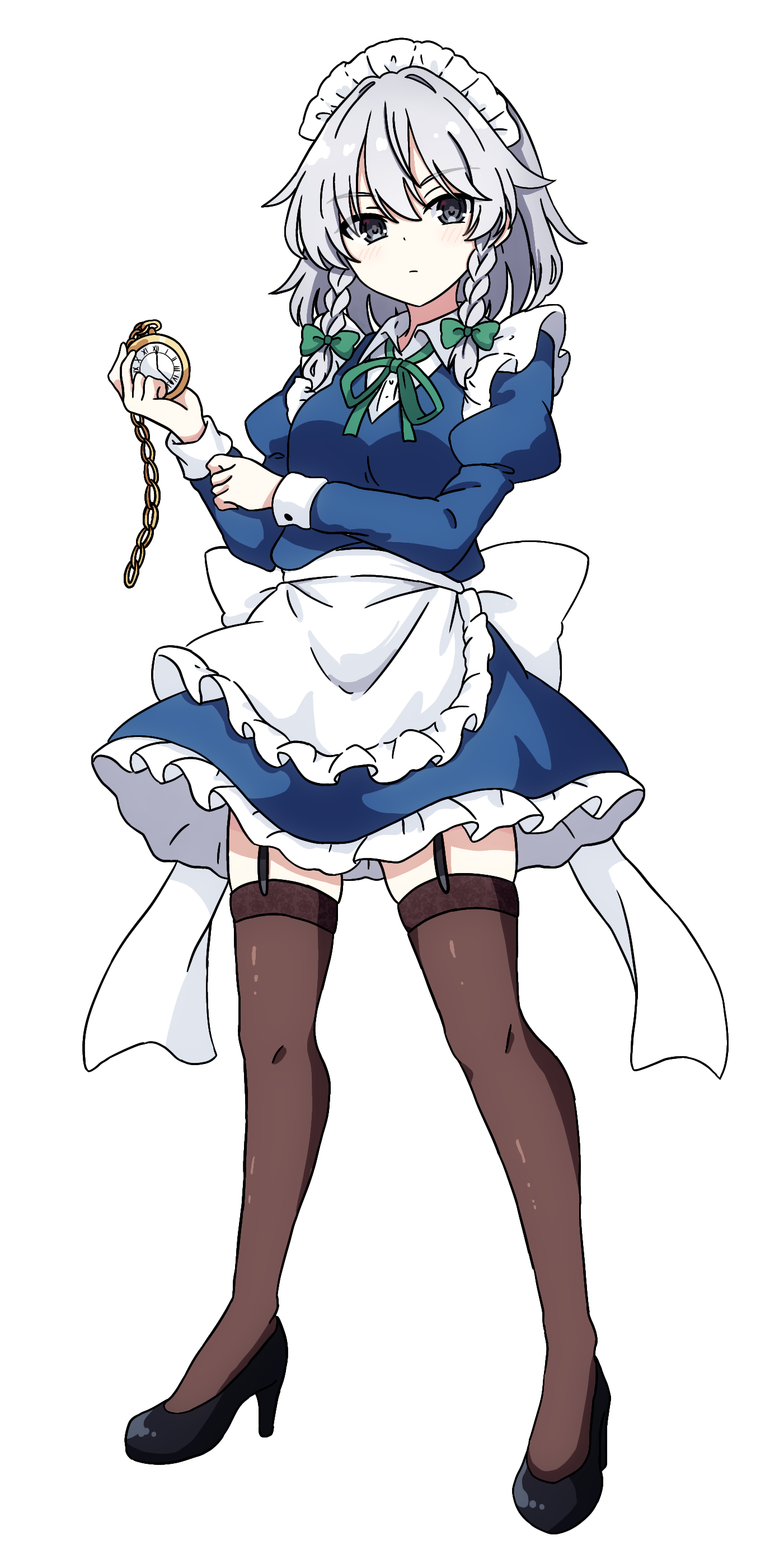 pioartstuff, izayoi sakuya, touhou, absurdres, commentary, highres, 1girl, apron, back bow, black shoes, blush, bow, braid, breasts, brown thighhighs, chain, closed mouth, collared shirt, full body, garter straps, green bow, green ribbon, grey eyes, grey hair, hair bow, high heels, holding, juliet sleeves, long hair, long sleeves, looking at viewer, maid, maid headdress, neck ribbon, pocket watch, puffy sleeves, ribbon, shirt, shoes, solo, thighhighs, transparent background, twin braids, waist apron, watch, white apron, white bow, white shirt