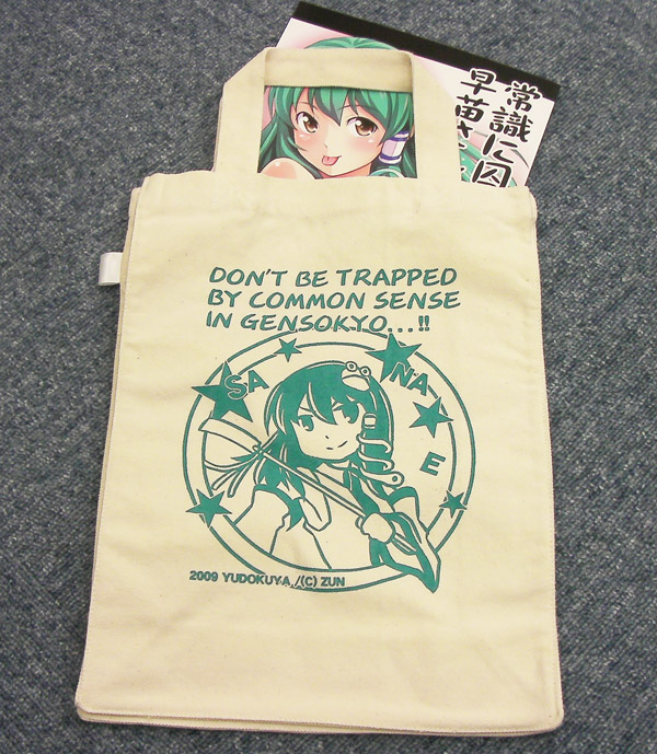 tomokichi, kochiya sanae, touhou, bad id, bad pixiv id, photo (medium), 1girl, bag, english text, female focus