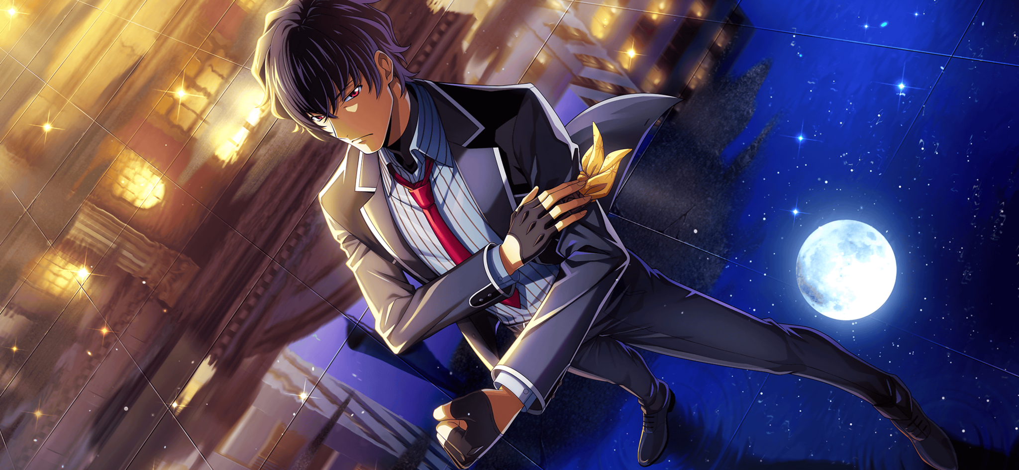 f4samurai, code geass, code geass: lost stories, game cg, highres, official art, 1boy, black gloves, black hair, black jacket, black pants, code geass: pule almaria, full moon, gloves, hakuba soga, jacket, looking at viewer, male focus, moon, necktie, night, night sky, open clothes, pants, red eyes, red necktie, short hair, sky, solo
