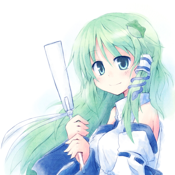 aruha, yuuhi alpha, kochiya sanae, touhou, bad id, 1girl, aqua eyes, bare shoulders, detached sleeves, female focus, gohei, green eyes, green hair, hair ornament, long hair, matching hair/eyes, oonusa, simple background, smile, solo, upper body