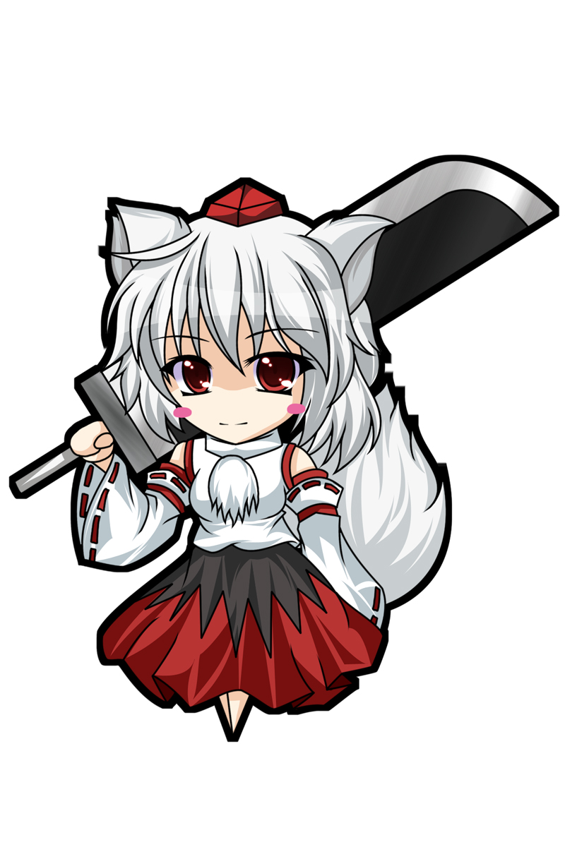onsen tamago (nurumayu onsen), inubashiri momiji, touhou, bad id, bad pixiv id, highres, 1girl, animal ears, blush, chibi, detached sleeves, female focus, full body, hat, red eyes, short hair, simple background, skirt, solo, sword, tail, tokin hat, weapon, white background, white hair, wolf ears, wolf tail