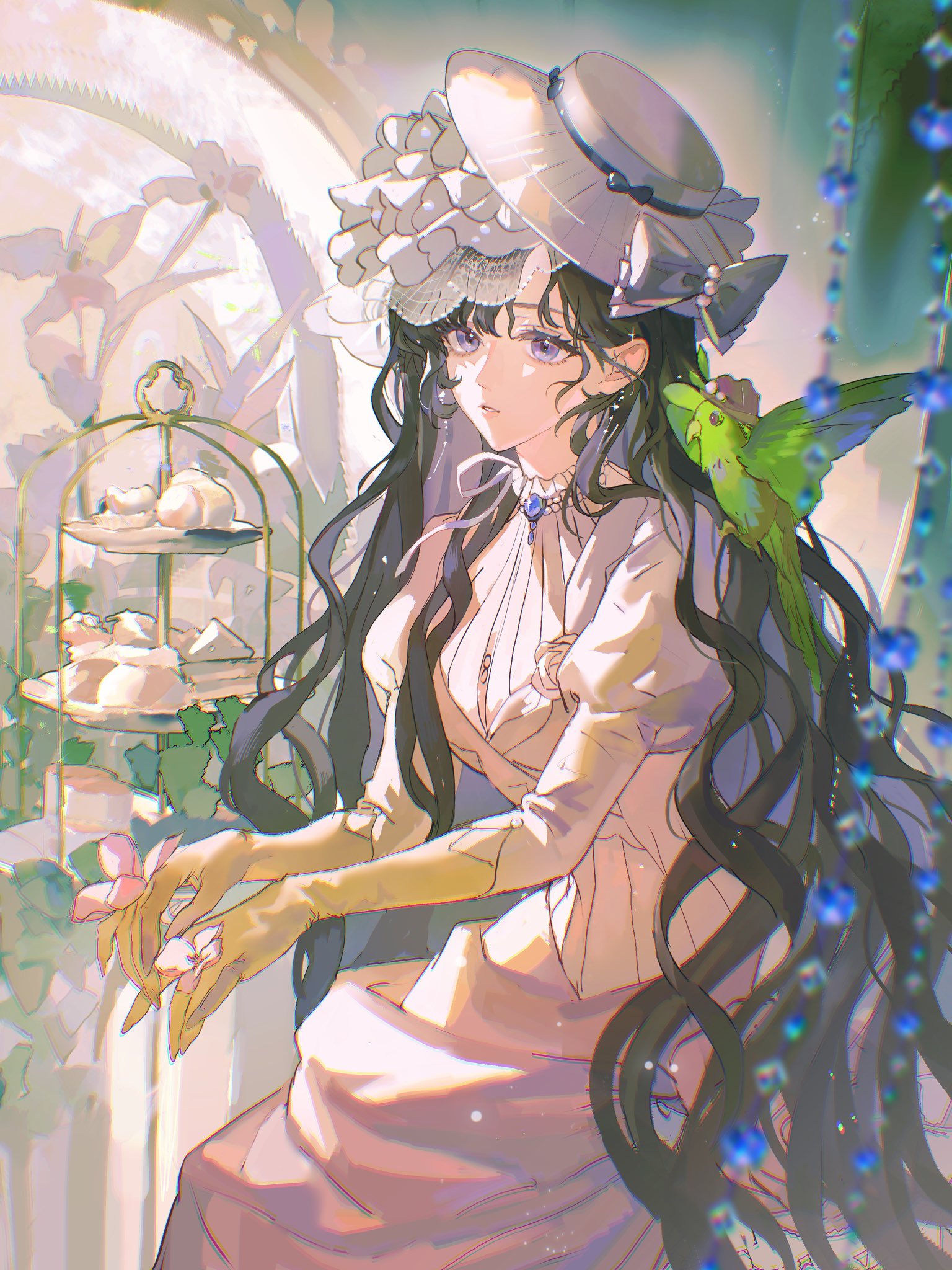 isolde (reverse:1999), reverse:1999, artist request, commission, highres, second-party source, 1girl, animal, animal on shoulder, bird, bird on shoulder, black hair, bow, cake, dress, food, gloves, gown, green bird, hat, hat bow, juliet sleeves, long hair, long sleeves, looking at viewer, parrot, parted lips, puffy sleeves, purple eyes, solo, tiered tray, upper body, veil, very long hair, wavy hair, white bow, white dress, white hat, white veil, yellow gloves