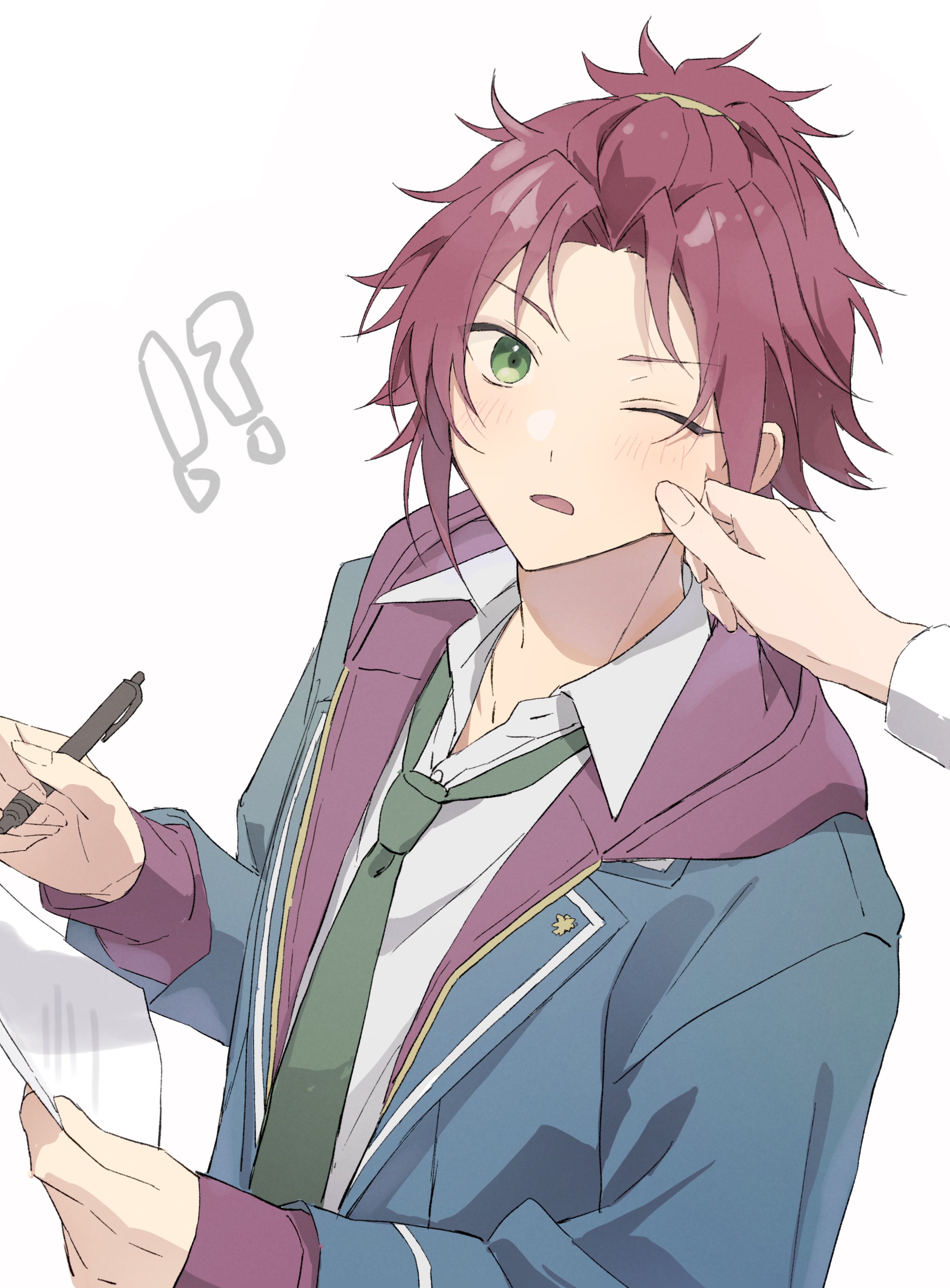 reijiro, isara mao, ensemble stars!, absurdres, commentary, highres, !?, 1boy, 1other, bangs pinned back, blue jacket, cheek pinching, green eyes, green necktie, holding, holding paper, holding pen, hood, hood down, hooded jacket, jacket, lapels, layered sleeves, light blush, looking to the side, male focus, necktie, one eye closed, open mouth, paper, pen, pinching, red hair, school uniform, shirt, sidelocks, solo focus, surprised, upper body, white background, white shirt, yumenosaki school uniform