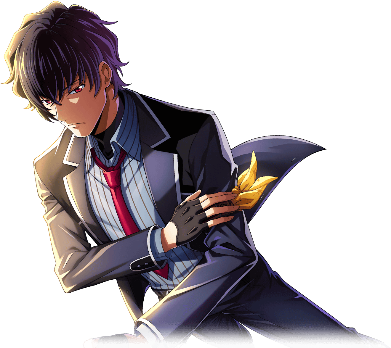 f4samurai, code geass, code geass: lost stories, game cg, official art, 1boy, black gloves, black hair, black jacket, black pants, code geass: pule almaria, gloves, hakuba soga, jacket, looking at viewer, male focus, necktie, open clothes, pants, red eyes, red necktie, short hair, sky, solo