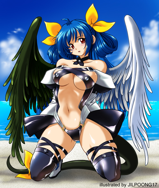 jilpoong17, dizzy (guilty gear), arc system works, guilty gear, 1girl, asymmetrical wings, bare shoulders, beach, blue hair, breasts, choker, cloud, day, female focus, kneeling, large breasts, long hair, navel, outdoors, red eyes, ribbon, sky, solo, tail, tail ornament, tail ribbon, thighhighs, underboob, water, wings