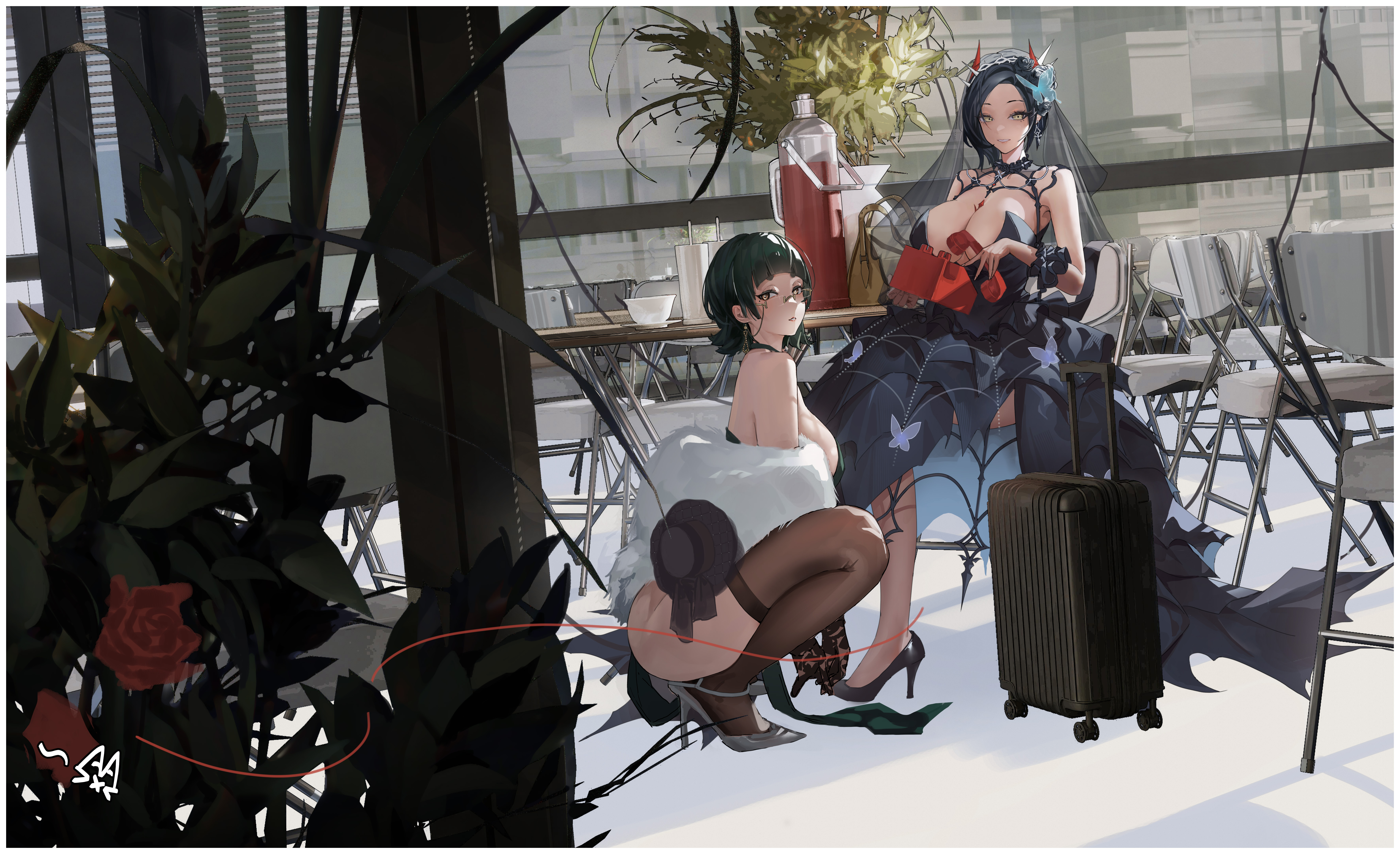 i am not a cat, ulrich von hutten (azur lane), ulrich von hutten (liebestrank) (azur lane), azur lane, absurdres, chinese commentary, commentary request, highres, 2girls, black dress, black eyeshadow, black flower, black hair, black rose, black shoes, black veil, bouquet, breasts, bridal veil, brown thighhighs, butterfly hair ornament, cleavage, dress, eyeshadow, flower, glasses, green hair, hair flower, hair ornament, high heels, holding, holding bouquet, horns, large breasts, looking at viewer, makeup, mechanical horns, multiple girls, official alternate costume, red flower, red rose, rose, shoes, silk, spider web, spiked ear piercing, string, string of fate, thighhighs, veil, wedding dress, yellow eyes