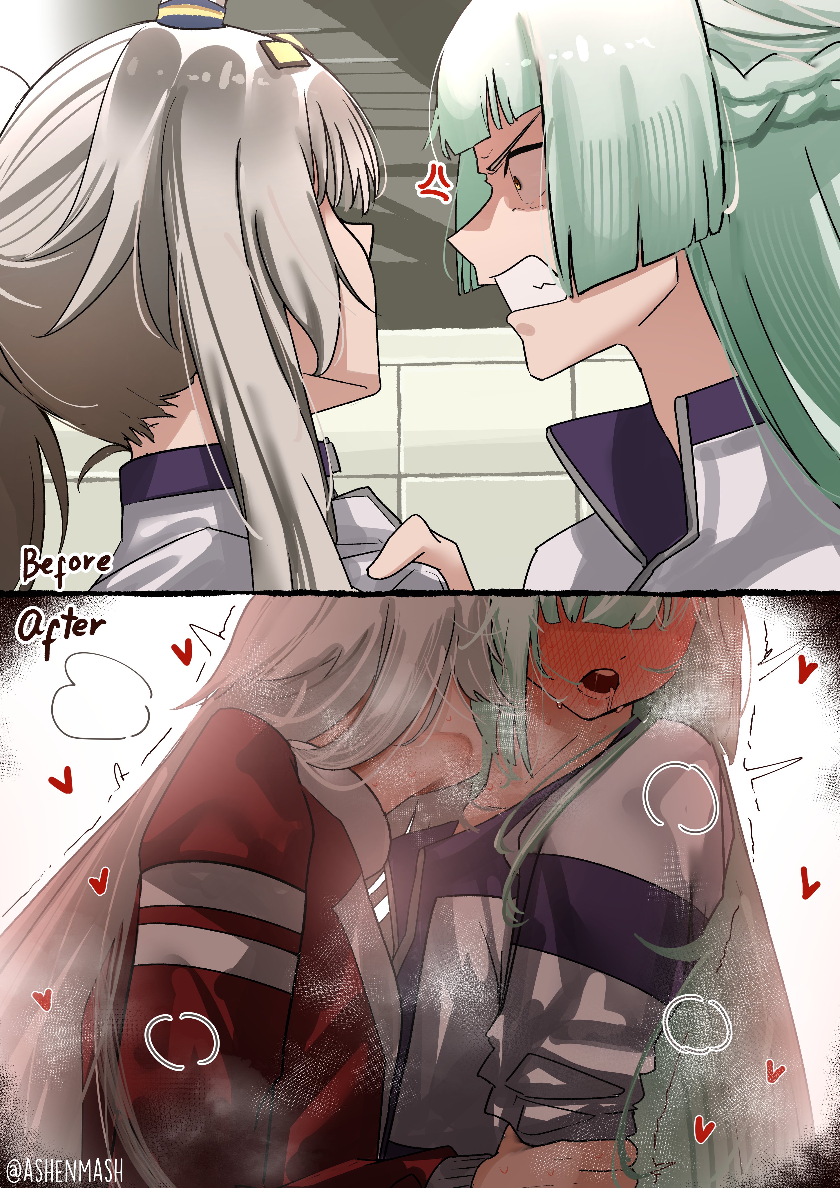 ashenmash, fujimasa march (umamusume), oguri cap (umamusume), umamusume, umamusume: cinderella gray, absurdres, highres, 2girls, angry, animal ears, before and after, blue hair, blush, clenched teeth, drooling, from side, full-face blush, grey hair, hair over eyes, heart, holding another's arm, horse ears, horse girl, jacket, kasamatsu tracen training uniform, kiss, kissing neck, long hair, moaning, multiple girls, open mouth, pants, saliva, school uniform, scowl, teeth, tracen school uniform, track jacket, track pants, track suit, very long hair