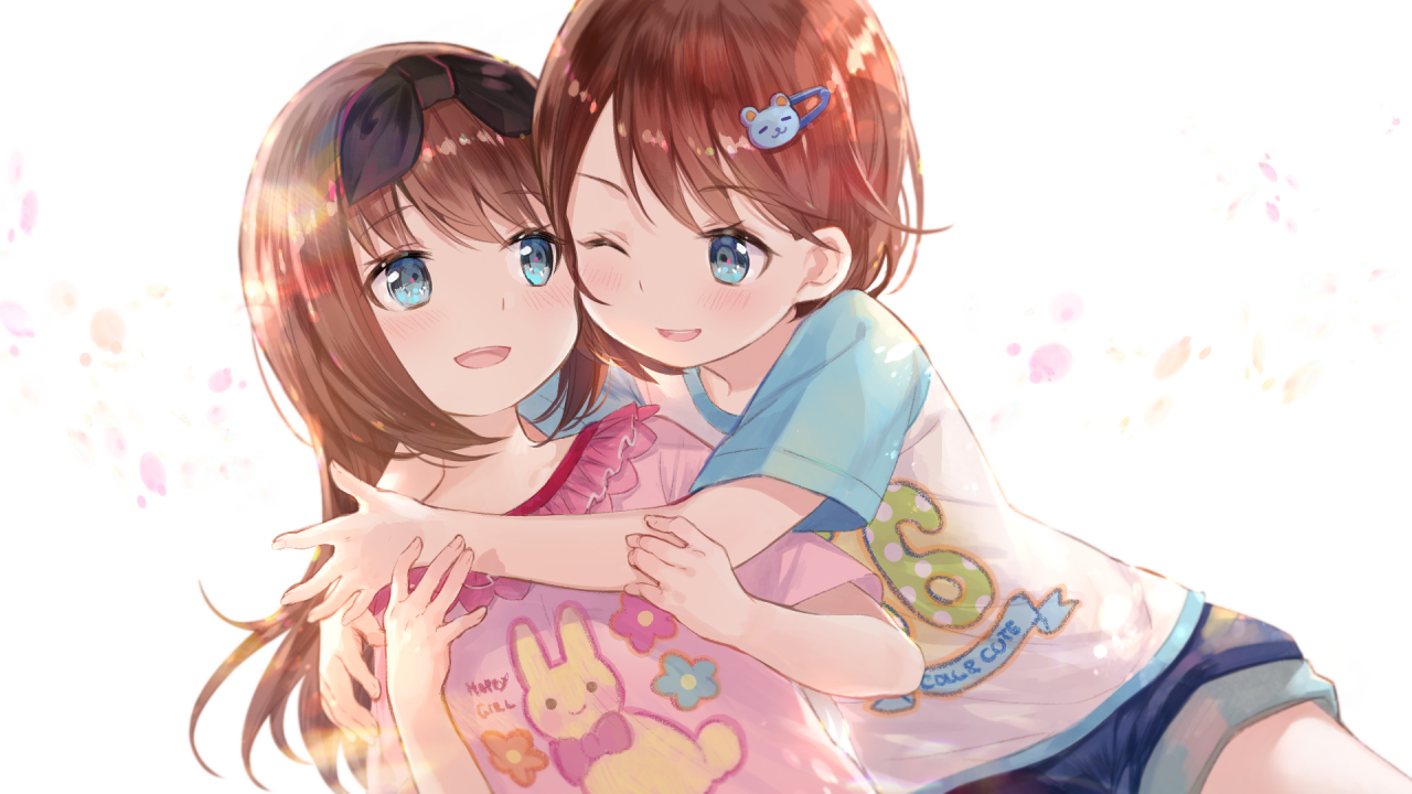 otori ai, yumeutsutsu re:master, game cg, non-web source, official art, 2girls, :d, ;d, aged down, bear hair ornament, black bow, blue eyes, blue shorts, blue sleeves, blush, bow, brown hair, frilled shirt, frills, hair bow, hair ornament, hug, hug from side, long hair, multiple girls, one eye closed, open mouth, pink shirt, shirt, short hair, shorts, siblings, simple background, sisters, smile, twins, white background, white shirt, yanagiya kokoro