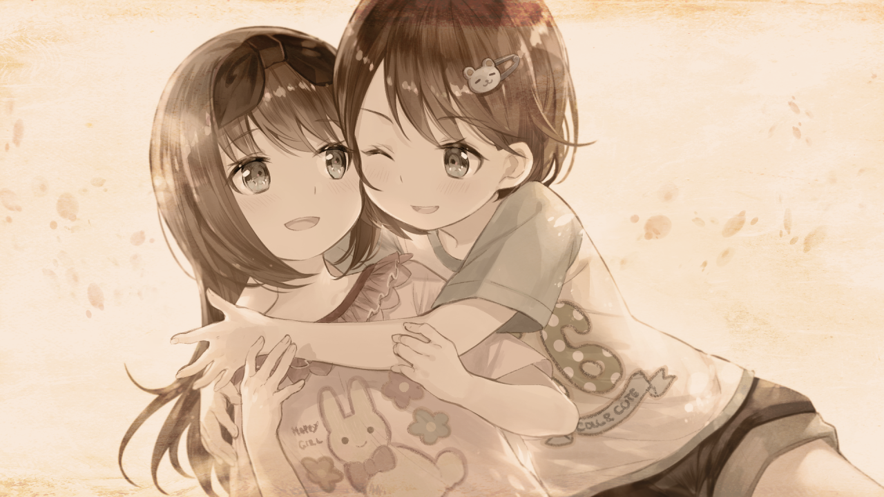 otori ai, yumeutsutsu re:master, game cg, non-web source, official art, 2girls, :d, ;d, aged down, bear hair ornament, blush, bow, frilled shirt, frills, hair bow, hair ornament, hug, hug from side, long hair, multiple girls, one eye closed, open mouth, sepia, shirt, short hair, siblings, simple background, sisters, smile, twins, white shirt, yanagiya kokoro