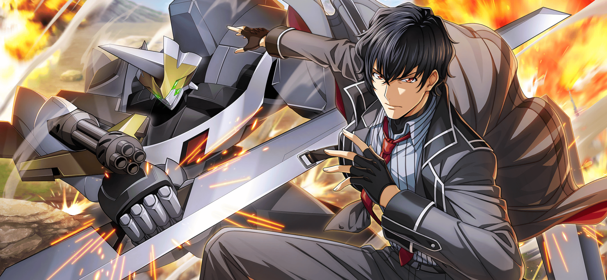 f4samurai, code geass, code geass: lost stories, game cg, highres, official art, 1boy, black gloves, black hair, black jacket, black pants, code geass: pule almaria, gloves, hakuba soga, jacket, knightmare frame, looking at viewer, male focus, mecha, necktie, open clothes, pants, red eyes, red necktie, robot, short hair, sky, solo