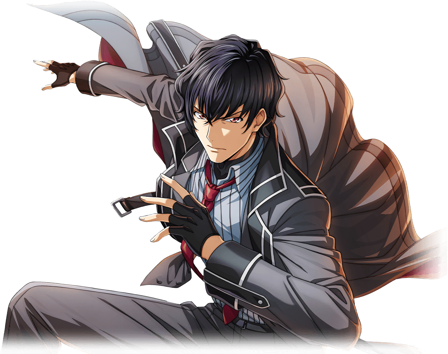 f4samurai, code geass, code geass: lost stories, game cg, highres, official art, 1boy, black gloves, black hair, black jacket, black pants, code geass: pule almaria, gloves, hakuba soga, jacket, looking at viewer, male focus, necktie, open clothes, pants, red eyes, red necktie, short hair, sky, solo