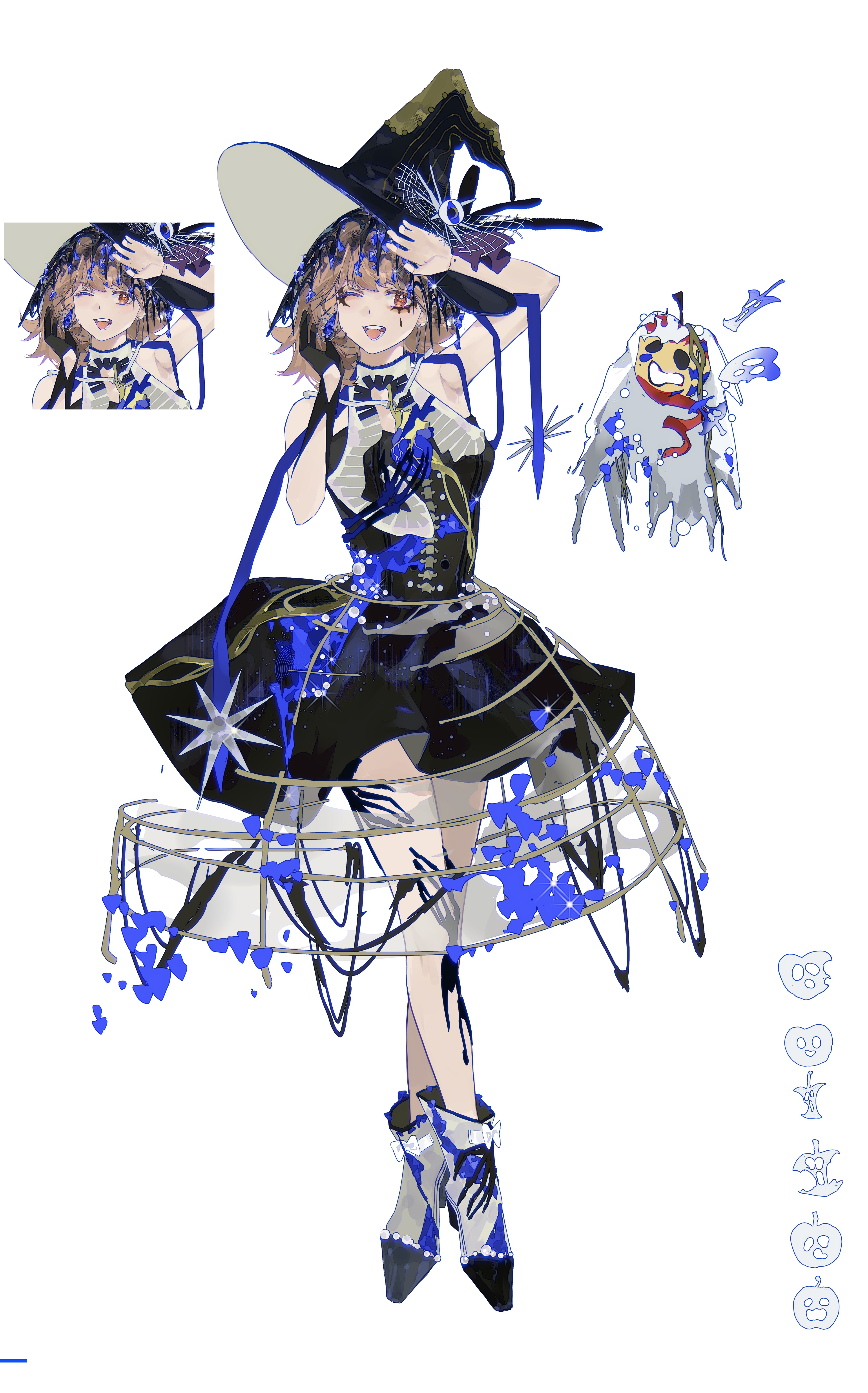 yi fen ta, apple (reverse:1999), regulus (reverse:1999), reverse:1999, absurdres, highres, 1girl, ;d, alternate costume, arm up, armpits, black dress, black hat, boots, brown hair, crossed legs, dress, eyeshadow, eyeshadow under eye, full body, hair ornament, hands up, hat, looking at viewer, makeup, one eye closed, open mouth, orange eyes, short dress, short hair, sleeveless, sleeveless dress, smile, solo, standing, teardrop facial mark, watson cross, white boots, witch hat