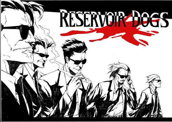 azusa, mr. blonde, mr. brown, mr. orange, mr. pink, mr. white, reservoir dogs, 5boys, adjusting eyewear, blood, facial hair, formal clothes, goatee, lineup, male focus, monochrome, multiple boys, mustache, necktie, short hair, smile, smoking, spot color, suit, sunglasses