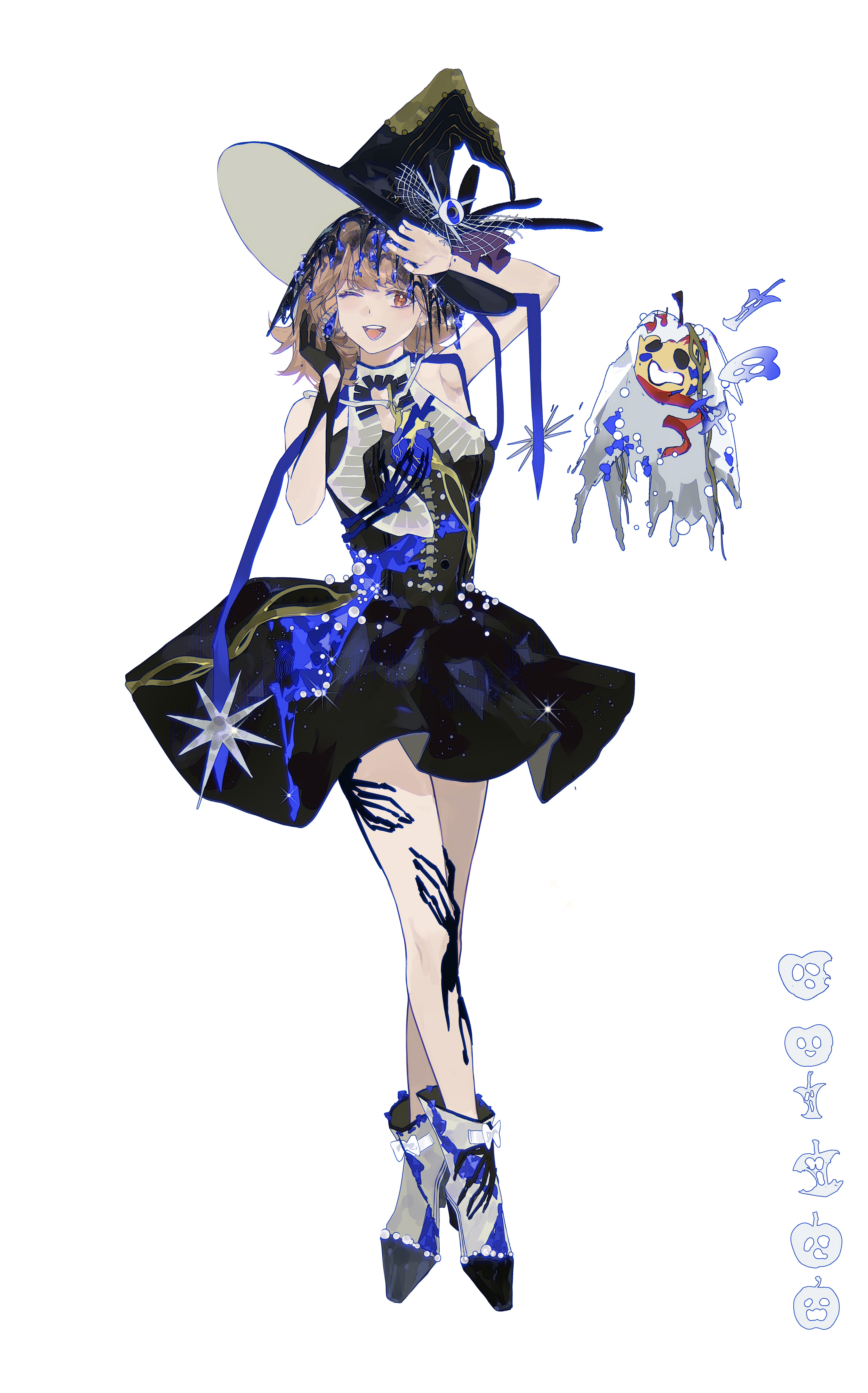 yi fen ta, apple (reverse:1999), regulus (reverse:1999), reverse:1999, absurdres, highres, 1girl, ;d, alternate costume, arm up, armpits, black dress, black hat, boots, brown hair, crossed legs, dress, full body, hair ornament, hands up, hat, looking at viewer, one eye closed, open mouth, orange eyes, short dress, short hair, sleeveless, sleeveless dress, smile, solo, standing, watson cross, white boots, witch hat