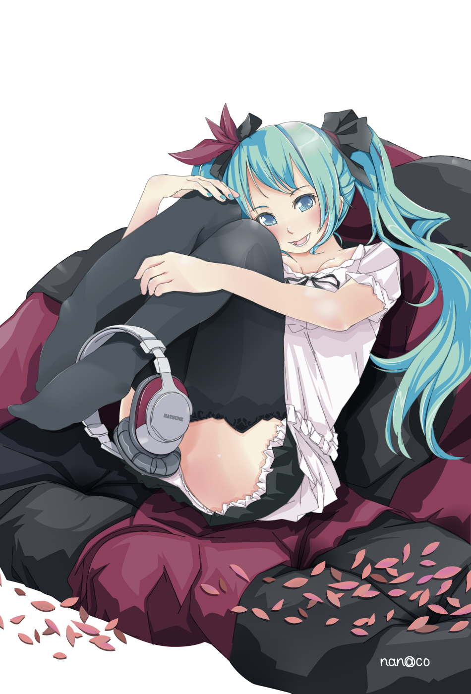 kazuha nanako, nanako (artist), hatsune miku, vocaloid, world is mine (vocaloid), highres, 1girl, aqua hair, female focus, green hair, headphones, ribbon, sitting, skirt, solo, thighhighs, twintails, zettai ryouiki