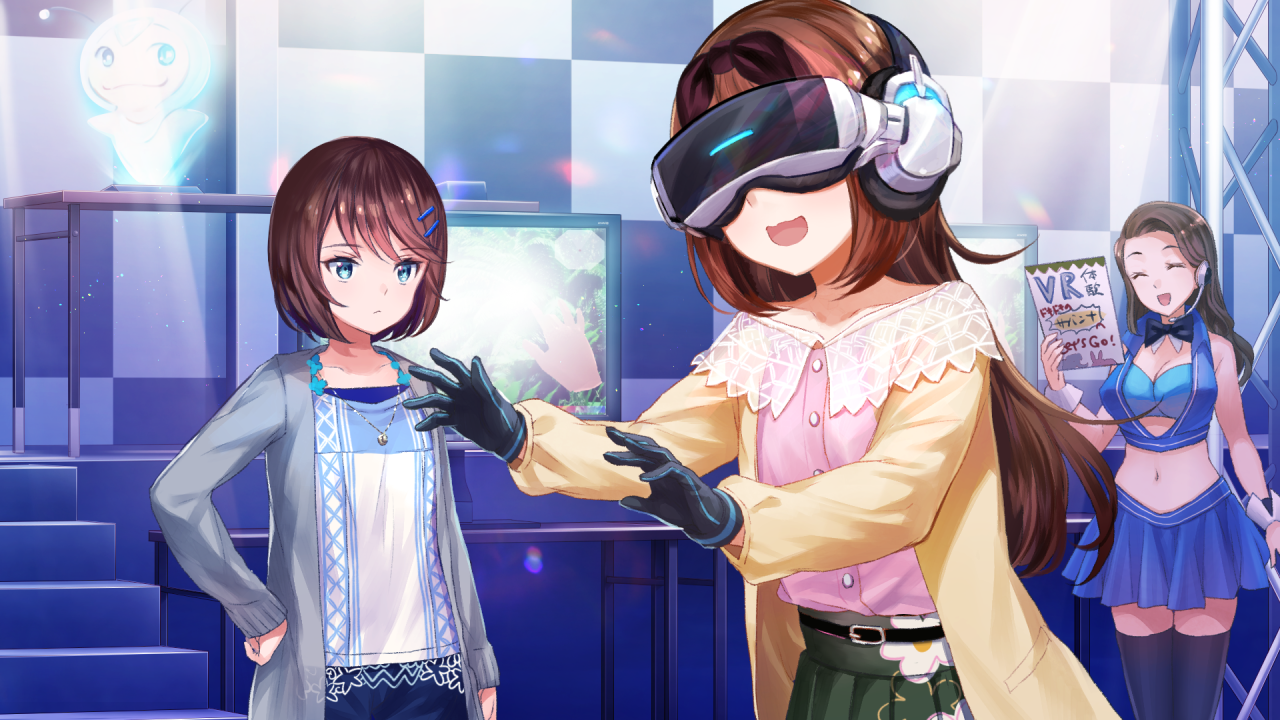 otori ai, yumeutsutsu re:master, game cg, non-web source, official art, 3girls, :d, black bow, black bowtie, black gloves, blue eyes, blue shirt, blue shorts, blue skirt, bow, bowtie, breasts, brown hair, cardigan, checkered wall, closed mouth, detached collar, gloves, green skirt, grey cardigan, hair bow, hair ornament, hairclip, hand on own hip, head-mounted display, headset, indoors, large breasts, light particles, looking at another, multiple girls, navel, nervous smile, open cardigan, open clothes, open mouth, parallel hairclips, pink shirt, pleated skirt, shirt, shorts, siblings, sisters, skirt, smile, twins, yanagiya kokoro, yellow cardigan