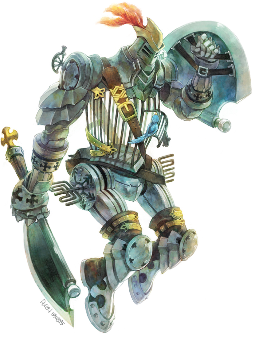 hakou (barasensou), tin man (the wizard of oz), the wizard of oz, armor, axe, bird, no humans, shield, solo, weapon