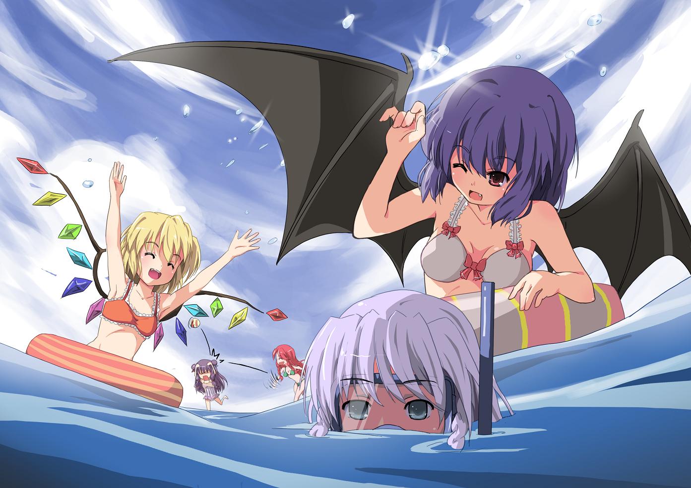 zhao shuwen, flandre scarlet, hong meiling, izayoi sakuya, patchouli knowledge, remilia scarlet, embodiment of scarlet devil, touhou, bad id, bad pixiv id, 5girls, ball, bat wings, beachball, bikini, braid, casual one-piece swimsuit, cloud, day, diving mask, fang, female focus, frilled bikini, frills, goggles, happy, innertube, light rays, multiple girls, ocean, one-piece swimsuit, outdoors, sky, snorkel, splashing, striped clothes, striped one-piece swimsuit, sunbeam, sunlight, swim ring, swimsuit, twin braids, wince, wings