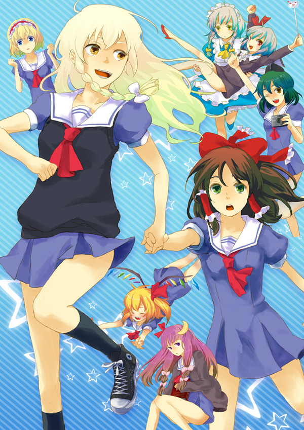 marker0409, marker (artist), alice margatroid, flandre scarlet, hakurei reimu, izayoi sakuya, kirisame marisa, patchouli knowledge, remilia scarlet, shameimaru aya, touhou, bad id, bad pixiv id, 6+girls, :d, alternate costume, black hair, blonde hair, female focus, flying, hair tubes, holding, holding hands, long hair, looking back, multiple girls, neckerchief, open mouth, running, school uniform, smile