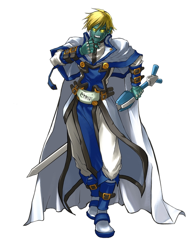 robo-ky, arc system works, guilty gear, guilty gear x, guilty gear xx, official art, belt, blonde hair, cape, clothed robot, humanoid robot, male focus, robot, solo, sword, weapon