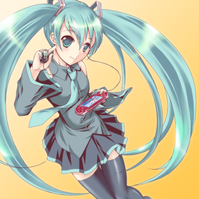 microspace, hatsune miku, vocaloid, 1girl, aqua eyes, aqua hair, detached sleeves, female focus, green eyes, handheld game console, headphones, long hair, nail polish, playstation portable, skirt, solo, thighhighs, twintails, very long hair
