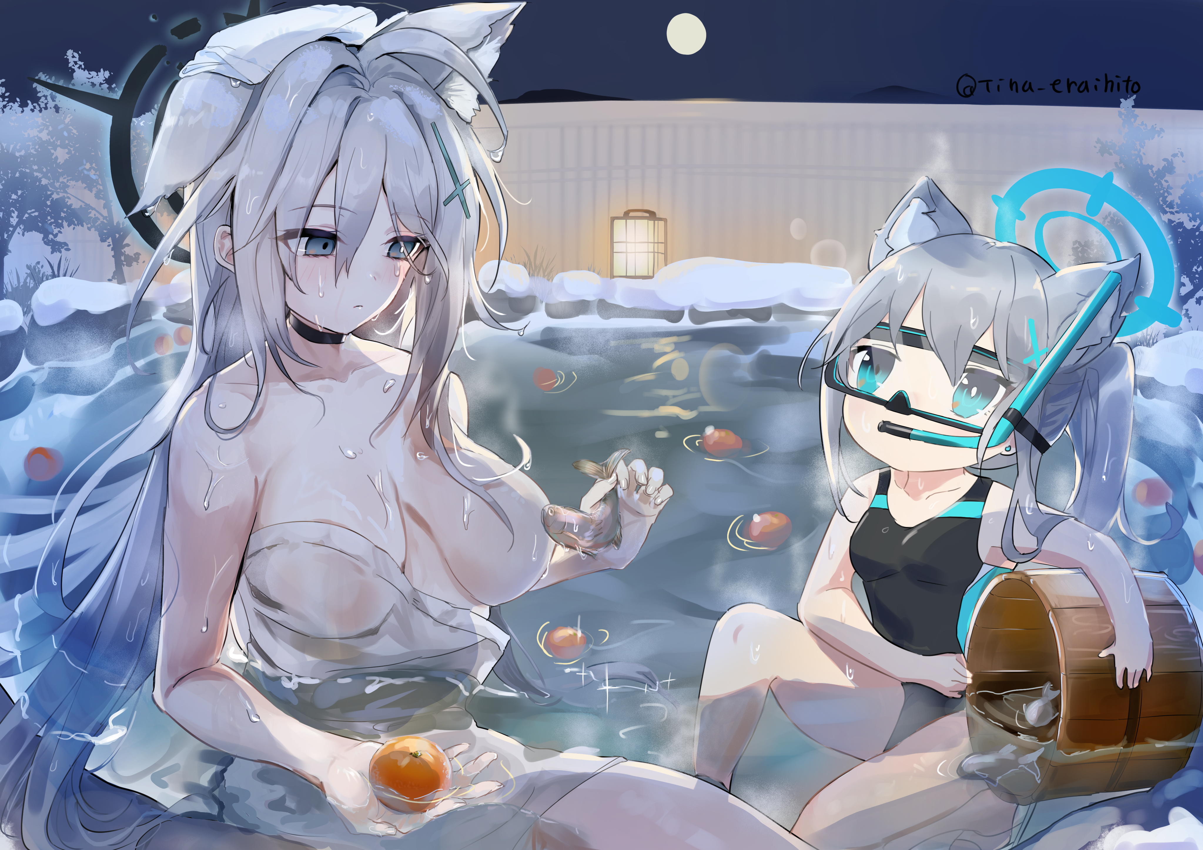 candy moon777, shiroko (blue archive), shiroko (swimsuit) (blue archive), shiroko terror (blue archive), blue archive, absurdres, highres, 2girls, animal, animal ear fluff, animal ears, artist name, black choker, black halo, black one-piece swimsuit, blue eyes, blue halo, breasts, broken halo, choker, closed mouth, collarbone, cross, cross hair ornament, diving mask, extra ears, fish, food, fruit, goggles, grey hair, hair ornament, halo, holding, holding animal, holding fish, inverted cross, large breasts, long hair, multiple girls, night, one-piece swimsuit, onsen, partially submerged, ponytail, small breasts, snorkel, swimsuit, towel, towel on head, twitter username, very long hair, wet, wolf ears, wolf girl, yuzu (fruit), yuzu bath