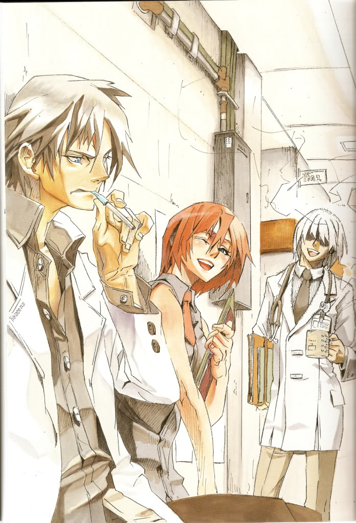 ishiwatari daisuke, aria (guilty gear), asuka r. kreutz, justice (guilty gear), sol badguy, arc system works, guilty gear, artbook, official art, scan, 1girl, 2boys, angry, annoyed, blue eyes, cigarette, clipboard, collared shirt, doctor, happy, hospital, lab coat, medical, multiple boys, necktie, one eye closed, red hair, shirt, short hair, sleeveless, smile, smoking, white hair, wink