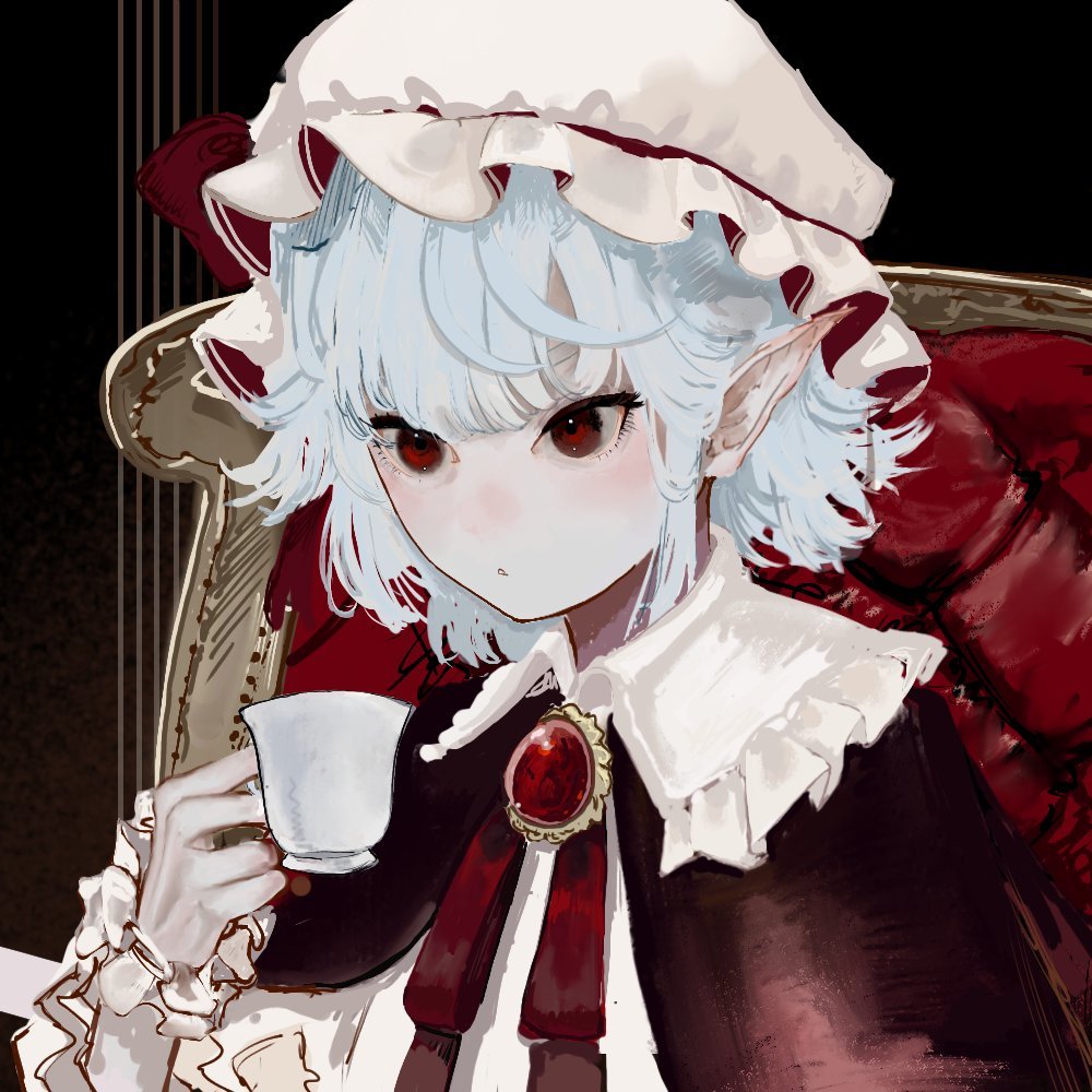 hatsburg, remilia scarlet, touhou, commentary, 1girl, adapted costume, blue hair, blunt bangs, brooch, capelet, chair, collared shirt, cup, expressionless, eyelashes, frilled headwear, frilled shirt collar, frilled sleeves, frilled wrist cuffs, frills, gem, hat, hat ribbon, holding, holding cup, indoors, jewelry, light blush, mob cap, neck ribbon, on chair, pointy ears, puffy short sleeves, puffy sleeves, red capelet, red eyes, red gemstone, red ribbon, ribbon, shirt, short hair, short sleeves, sitting, solo, teacup, upper body, white hat, white shirt, white wrist cuffs, wrist cuffs