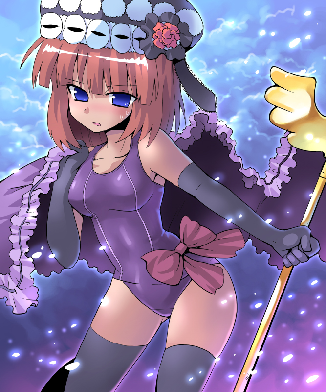 kurogarasu, eva beatrice, umineko no naku koro ni, 00s, 1girl, blue eyes, blush, bow, bowtie, breasts, elbow gloves, female focus, flower, gloves, hat, one-piece swimsuit, orange hair, outdoors, purple one-piece swimsuit, purple school swimsuit, ribbon, rose, school swimsuit, short hair, sky, solo, staff, swimsuit, thighhighs