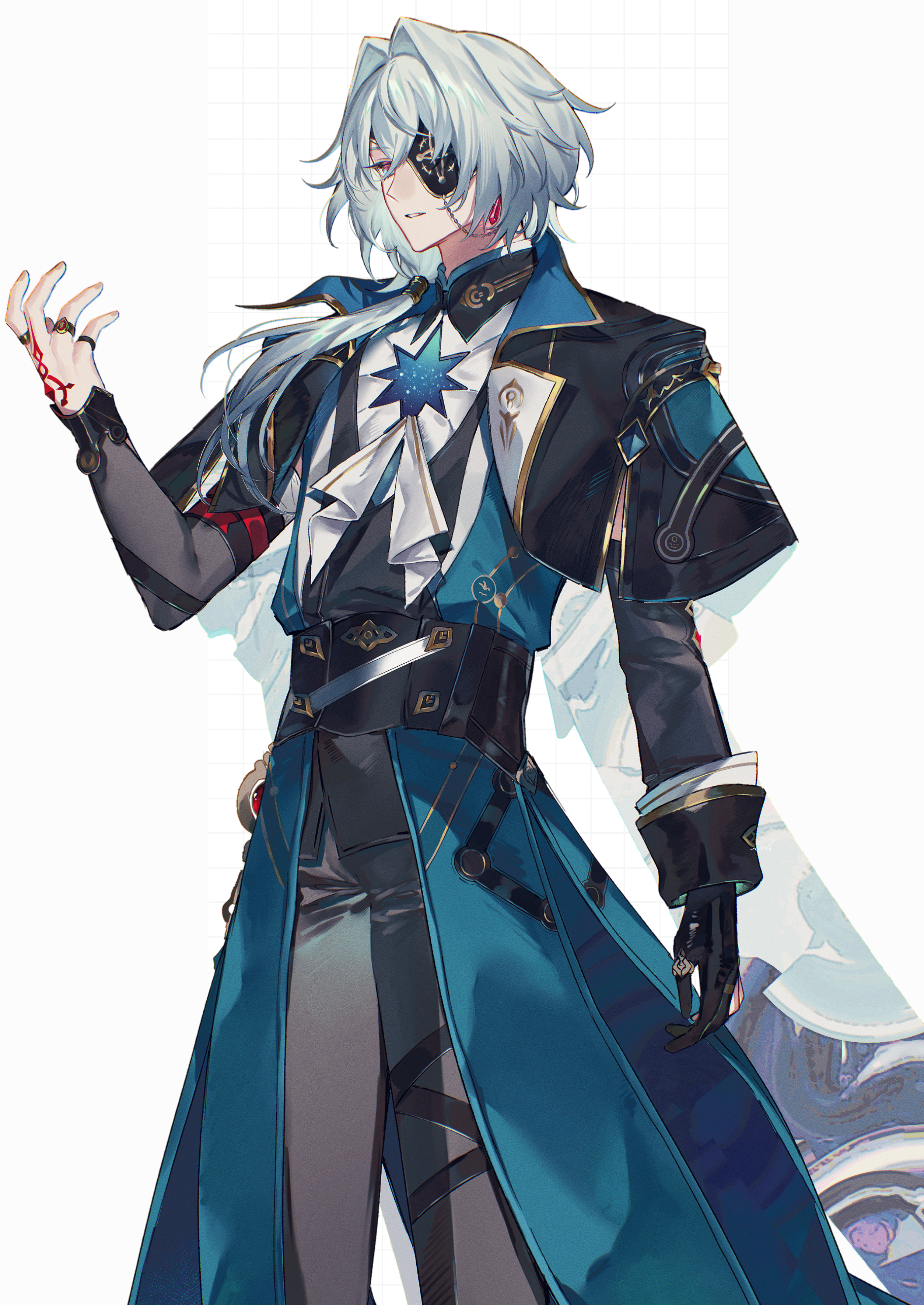 anaxa (honkai: star rail), honkai: star rail, honkai (series), absurdres, highres, 1boy, aqua hair, black gloves, black jacket, chain, earrings, eyepatch, gem, gloves, hair between eyes, hair intakes, hand tattoo, hand up, jacket, jewelry, lapels, male focus, mandarin collar, medium hair, notched lapels, one eye covered, parted lips, partially fingerless gloves, red gemstone, red tattoo, shirt, side ponytail, single earring, single glove, solo, standing, tattoo, teeth, white background, white shirt, zv0301