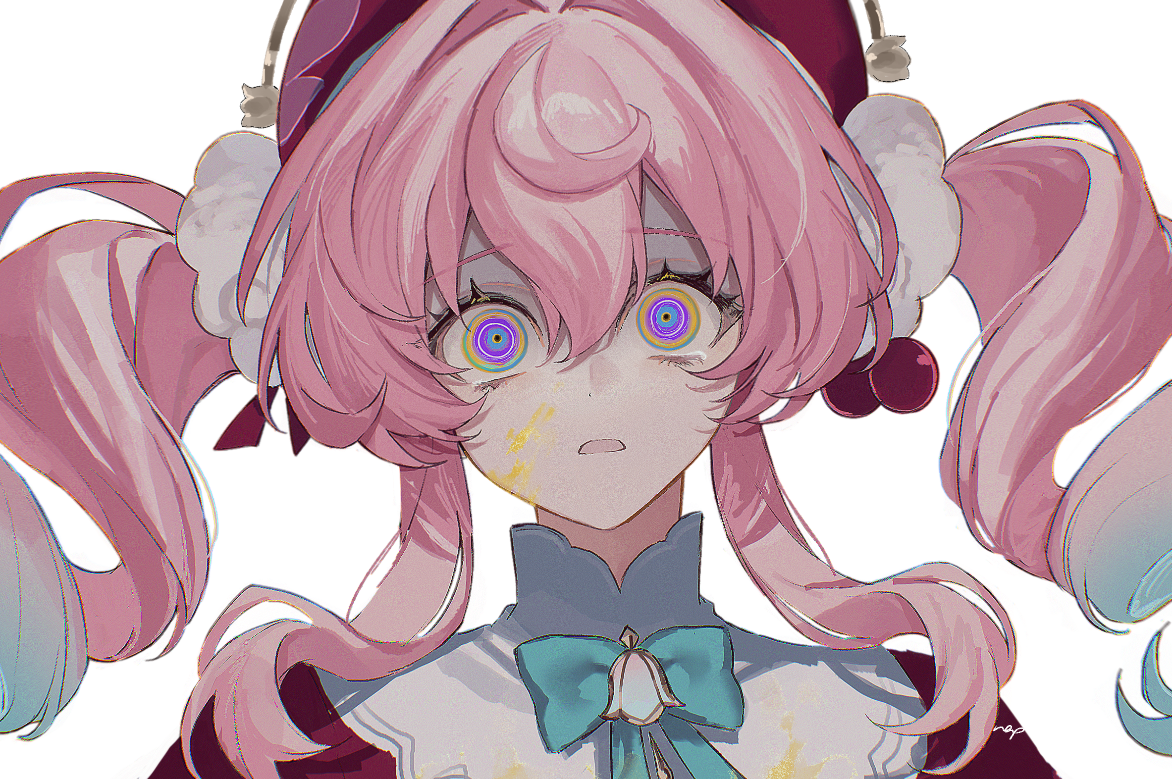 hyacine (honkai: star rail), honkai: star rail, honkai (series), commentary, highres, 1girl, @ @, alternate eye color, aqua hair, aquila (honkai: star rail), beret, blood on cheek, close-up, dress, drill hair, gradient hair, hair between eyes, hat, long hair, looking at viewer, multicolored eyes, multicolored hair, open mouth, pink hair, red dress, red hat, simple background, solo, twin drills, twintails, two-tone hair, upper body, white background, yellow blood, zv0301