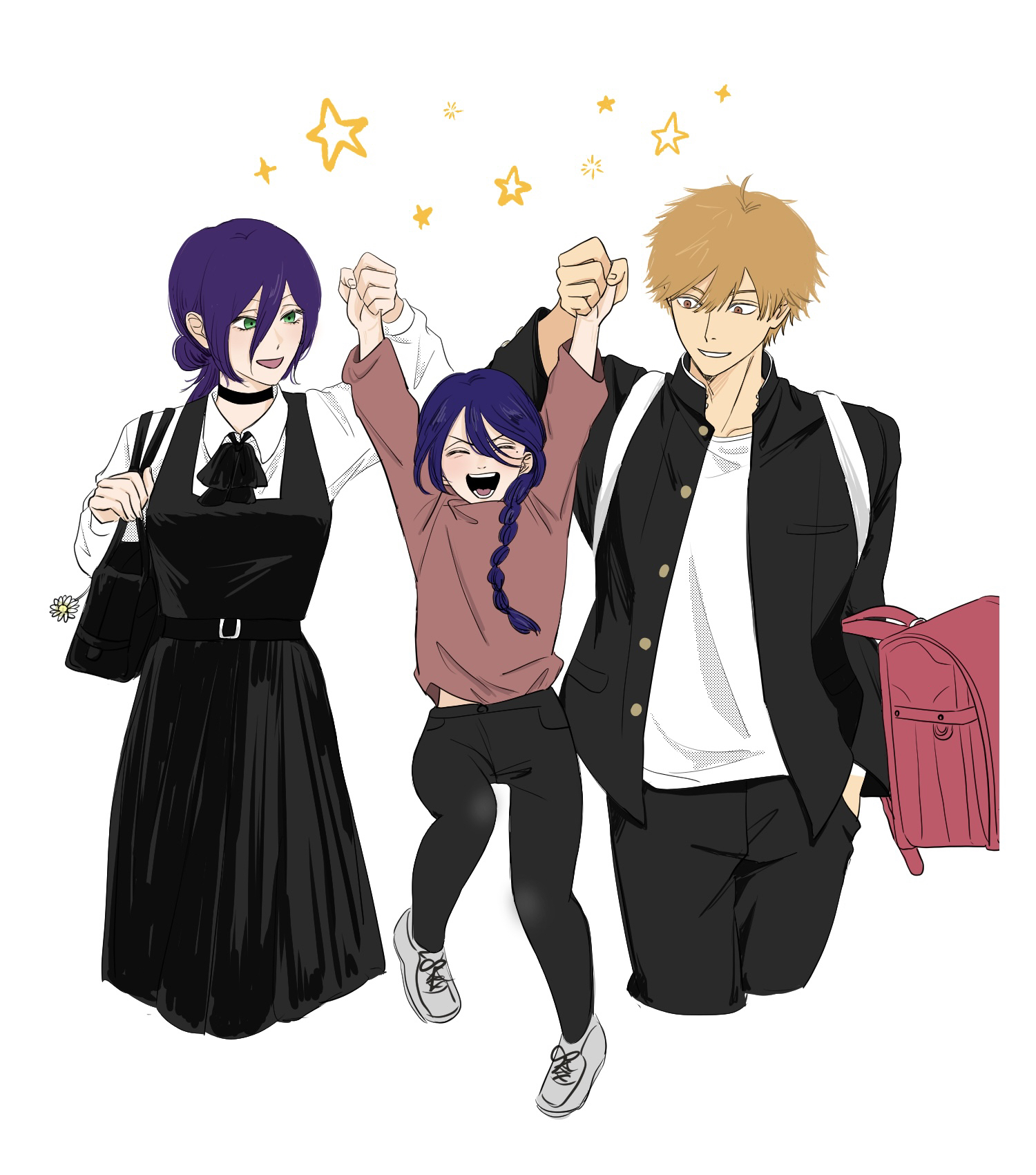 denji (chainsaw man), nayuta (chainsaw man), reze (chainsaw man), chainsaw man, highres, 1boy, 2girls, blonde hair, buttons, collared shirt, dress, fourth east high school uniform, green eyes, hair between eyes, hair bun, long hair between eyes, multiple girls, pants, pinafore dress, purple hair, school uniform, shirt, shirt tucked in, single hair bun, sleeveless, sleeveless dress, white shirt