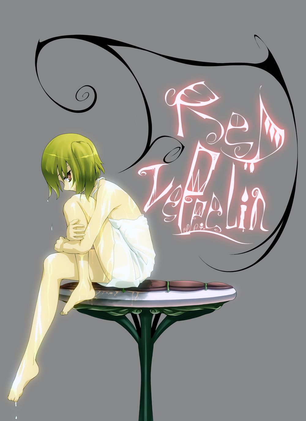 tama (pixiv), tama (speedgrapher), flandre scarlet, touhou, highres, 1girl, barefoot, feet, female focus, from side, grey background, hugging own legs, simple background, solo, wet