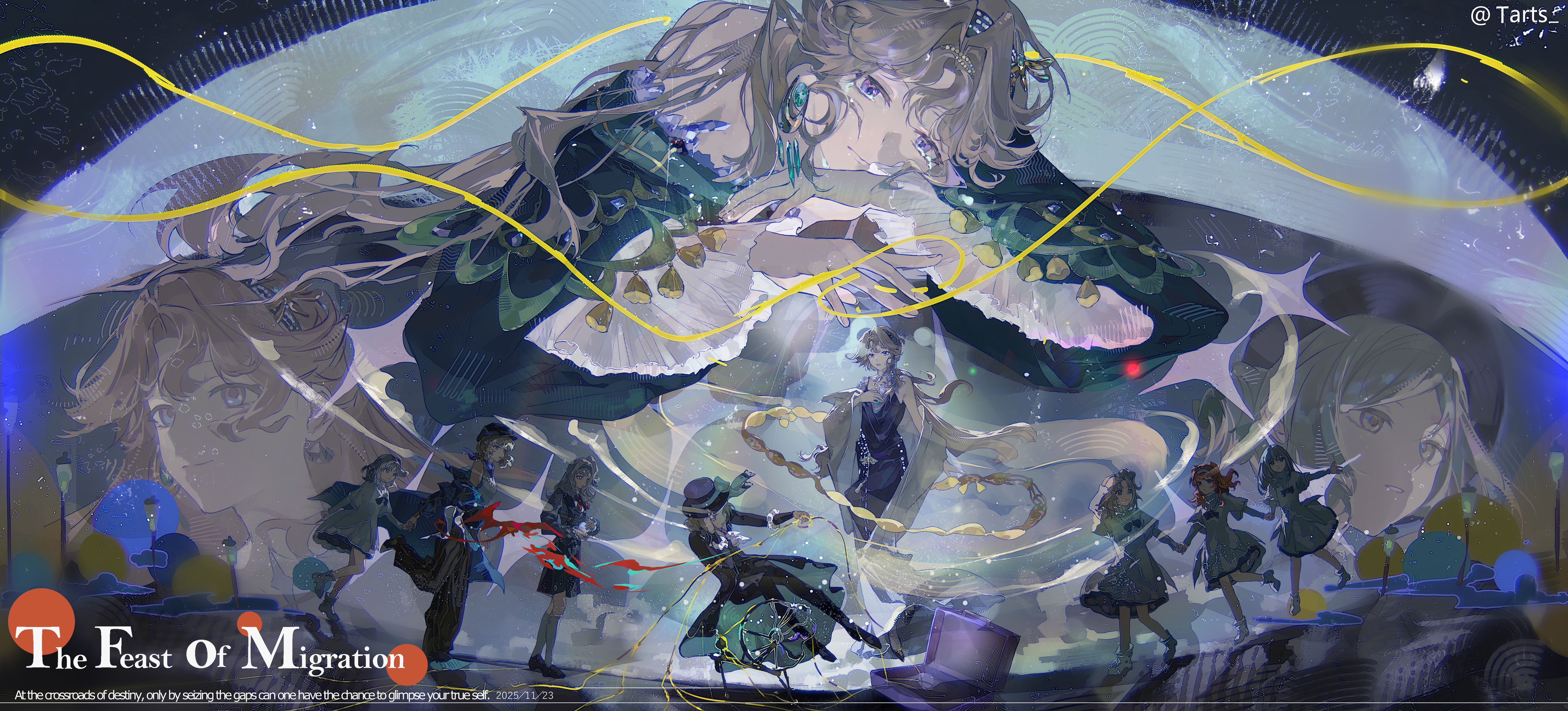 yi fen ta, matilda bouanich, sonetto (reverse:1999), vertin (reverse:1999), reverse:1999, absurdres, highres, 5girls, aged down, bare shoulders, beryl bouanich, black boots, black bow, black bowtie, black cloak, black coat, black pants, blonde hair, blue bow, blue coat, blue dress, blue neckerchief, boater hat, boots, bow, bowtie, brume (reverse:1999), cloak, coat, crescent, crescent earrings, crystallization, dragonfly hair ornament, dress, earrings, english text, evening gown, floating earrings, grey eyes, grey hair, grey shorts, grey sweater, hair bun, hat, hat bow, holding hands, jewelry, layered sleeves, long dress, long hair, long sleeves, looking at another, mother and daughter, multiple girls, multiple views, neckerchief, one side up, open suitcase, orange hair, pants, purple eyes, shawl, short over long sleeves, short sleeves, shorts, single side bun, sleeveless, sleeveless dress, socks, spinning wheel, standing, suitcase, sweater, tank top, time paradox, traditional bowtie, two side up, white boots, white dress, white shawl, white socks, white tank top