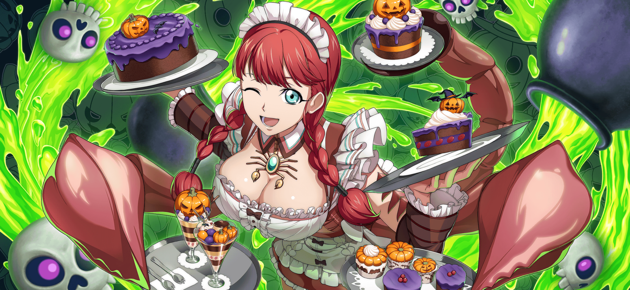 f4samurai, code geass, code geass: lost stories, game cg, highres, official art, 1girl, apron, bow, braid, breasts, cake, code geass: pule almaria, food, fruit, green eyes, halloween, holding, holding plate, jewelry, large breasts, long hair, looking at viewer, maid, maid apron, maid headdress, one eye closed, open mouth, plate, red hair, satori richelieu, smile, solo, white apron