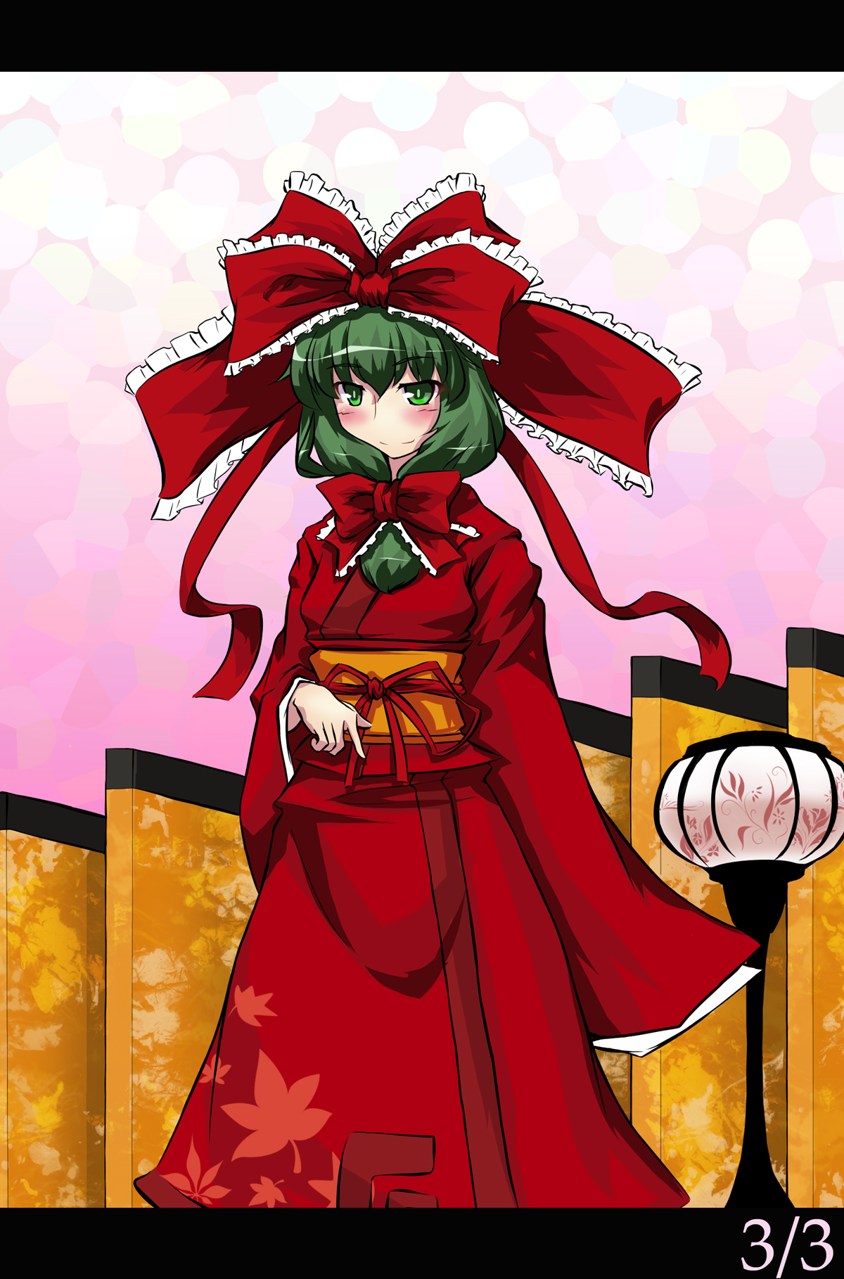 tama (pixiv), tama (speedgrapher), kagiyama hina, touhou, bad id, bad pixiv id, highres, 1girl, female focus, front ponytail, green eyes, green hair, hair ribbon, japanese clothes, kimono, letterboxed, matching hair/eyes, ribbon, short hair, solo