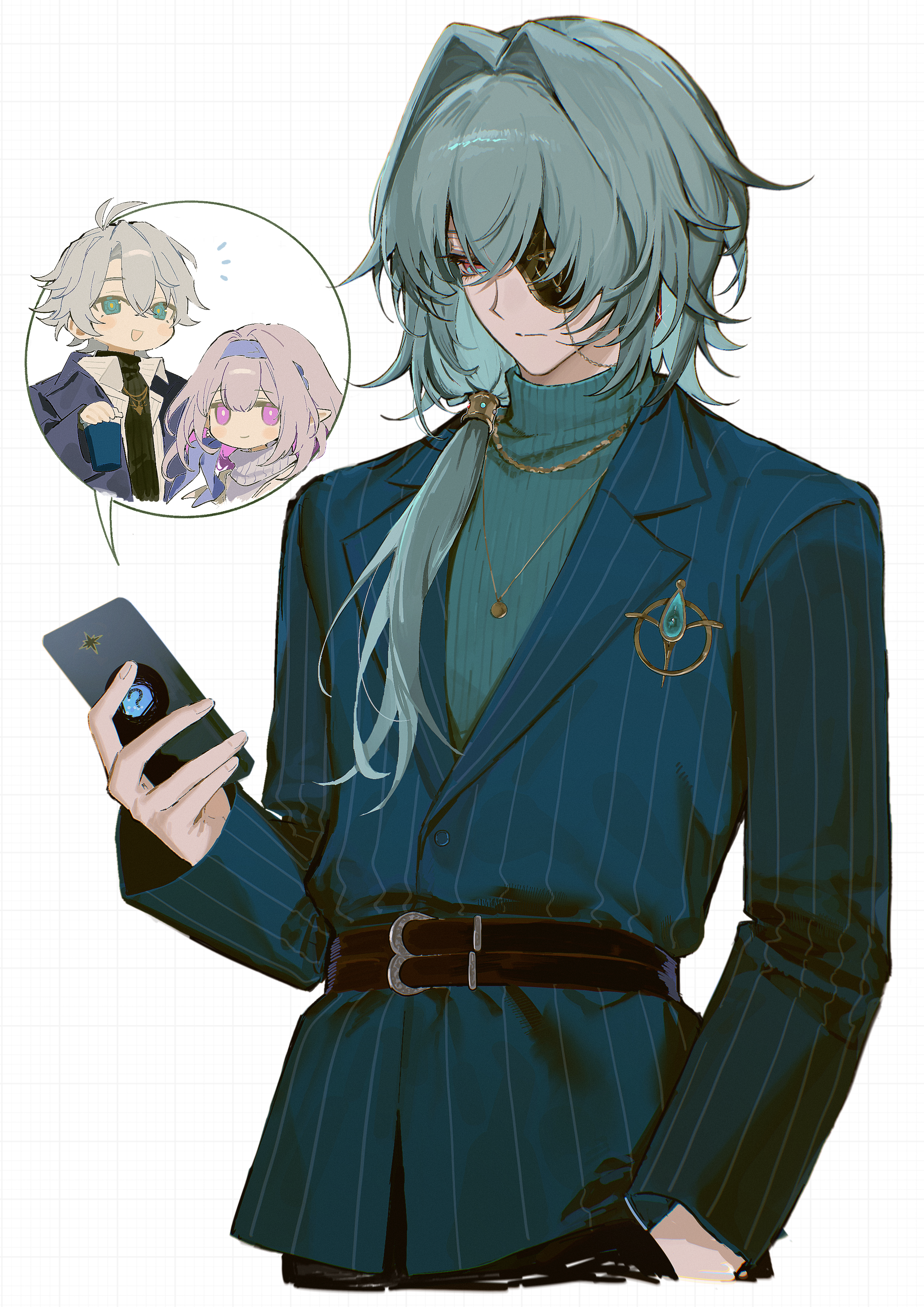 anaxa (honkai: star rail), anaxa (world tour 2025) (honkai: star rail), castorice (honkai: star rail), castorice (luckin coffee) (honkai: star rail), phainon (honkai: star rail), phainon (luckin coffee) (honkai: star rail), honkai: star rail, honkai (series), absurdres, commentary, highres, 1boy, belt, cellphone, closed mouth, expressionless, green hair, green jacket, green sweater, grid background, hair intakes, hair over shoulder, hand in pocket, holding, holding phone, jacket, jewelry, long hair, long sleeves, looking at phone, male focus, necklace, official alternate costume, phone, smartphone, solo, speech bubble, spoken character, striped clothes, striped jacket, sweater, turtleneck, turtleneck sweater, white background, zv0301