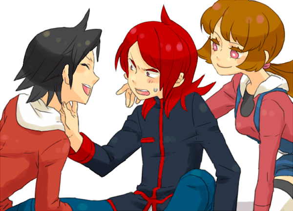ethan (pokemon), lyra (pokemon), silver (pokemon), nintendo, pokemon, pokemon hgss, 00s, 1girl, 2boys, black hair, brown hair, multiple boys, no headwear, pink eyes, red hair