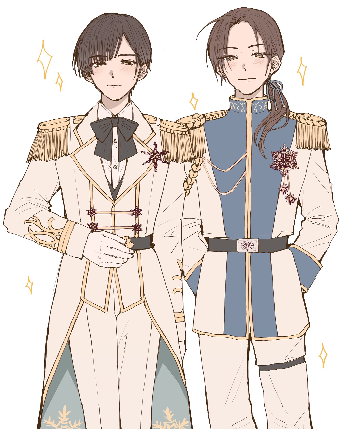 china (hetalia), japan (hetalia), axis powers hetalia, commentary request, highres, 00benishake00, 2boys, aiguillette, arms behind back, belt, black belt, black bow, black bowtie, black hair, black vest, blue jacket, blue ribbon, blush, bow, bowtie, brown eyes, buttons, closed mouth, collared shirt, cowboy shot, epaulettes, formal clothes, gloves, hair ribbon, half-closed eyes, hand up, jacket, lapels, long hair, looking at viewer, low ponytail, male focus, multiple boys, pants, ponytail, ribbon, shirt, short hair, simple background, smile, snowflake ornament, snowflake print, sparkle, standing, thigh strap, two-sided fabric, two-sided jacket, vest, white background, white gloves, white jacket, white pants, white shirt, yellow eyes