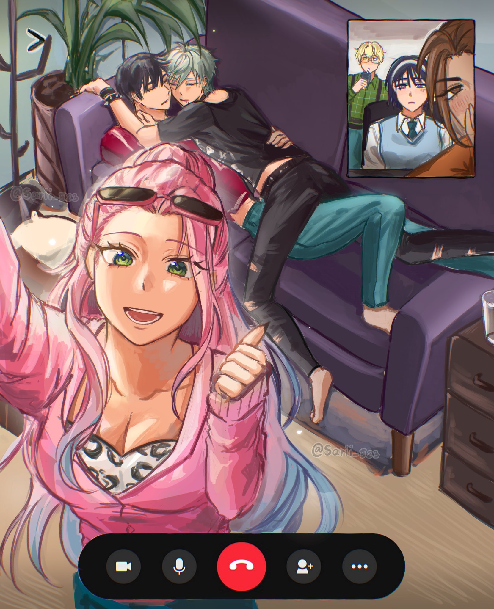 hyuna (alien stage), ivan (alien stage), luka (alien stage), mizi (alien stage), sua (alien stage), till (alien stage), alien stage, commentary, english commentary, highres, 3boys, 3girls, animal print, aqua necktie, artist name, barefoot, black hair, black pants, black shirt, blonde hair, blue hair, blue pants, blue vest, breasts, brown eyes, brown hair, cleavage, couch, cuddling, eyewear on head, green eyes, green shirt, hairband, high ponytail, jacket, leopard print, multicolored hair, multiple boys, multiple girls, necktie, official alternate costume, on couch, open mouth, pants, pink hair, pink jacket, ponytail, purple eyes, red shirt, sarii 523, shirt, sleeping, smile, sunglasses, two-tone hair, vest, video call, white hairband, yaoi