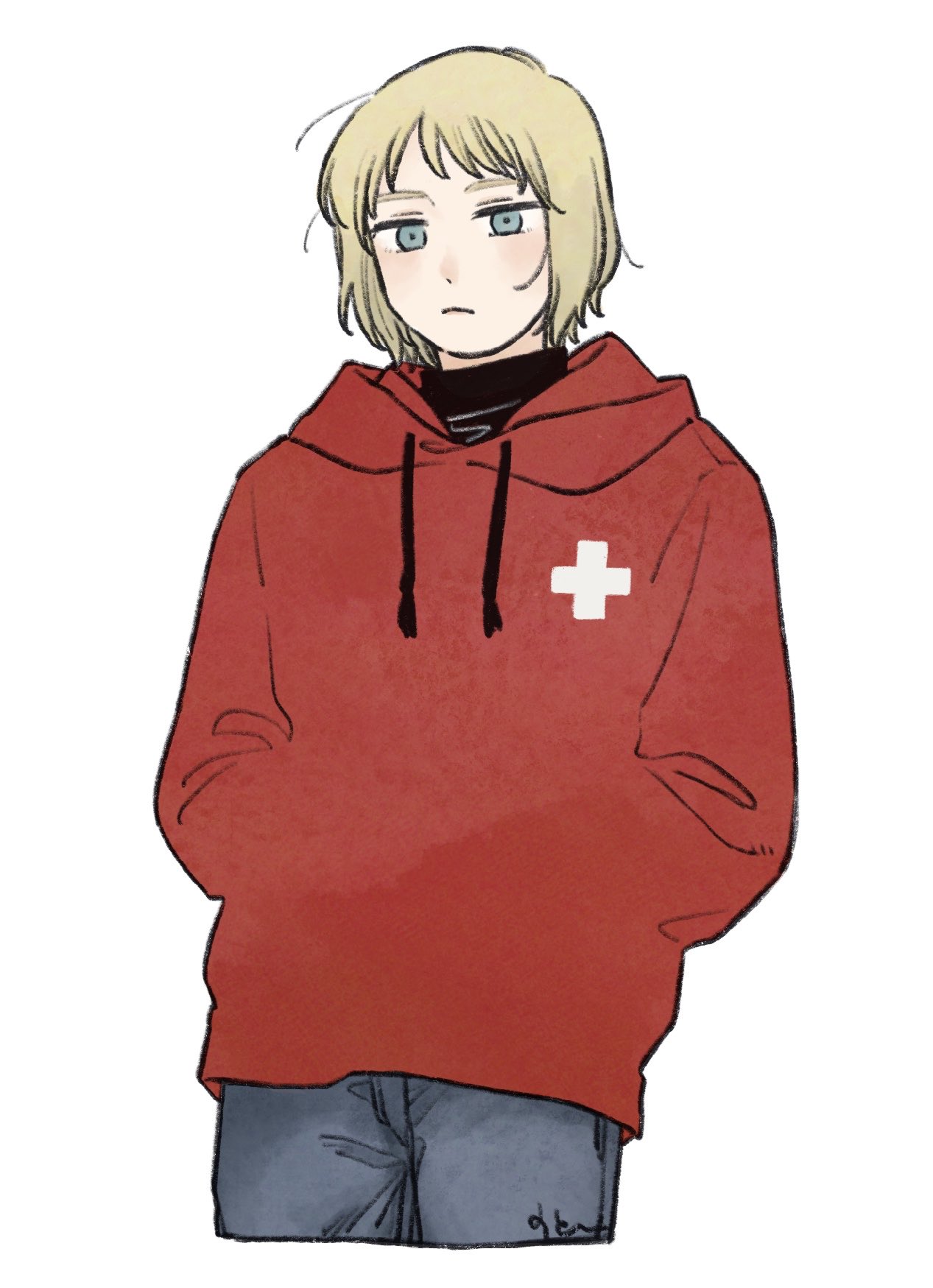 mi aph to, switzerland (hetalia), axis powers hetalia, commentary request, highres, 1boy, black sweater, blonde hair, blue eyes, blush, closed mouth, cowboy shot, cross, cross print, denim, grey pants, half-closed eyes, hands in pockets, hood, hoodie, looking at viewer, male focus, pants, red hoodie, short hair, simple background, solo, standing, sweater, turtleneck, turtleneck sweater, white background