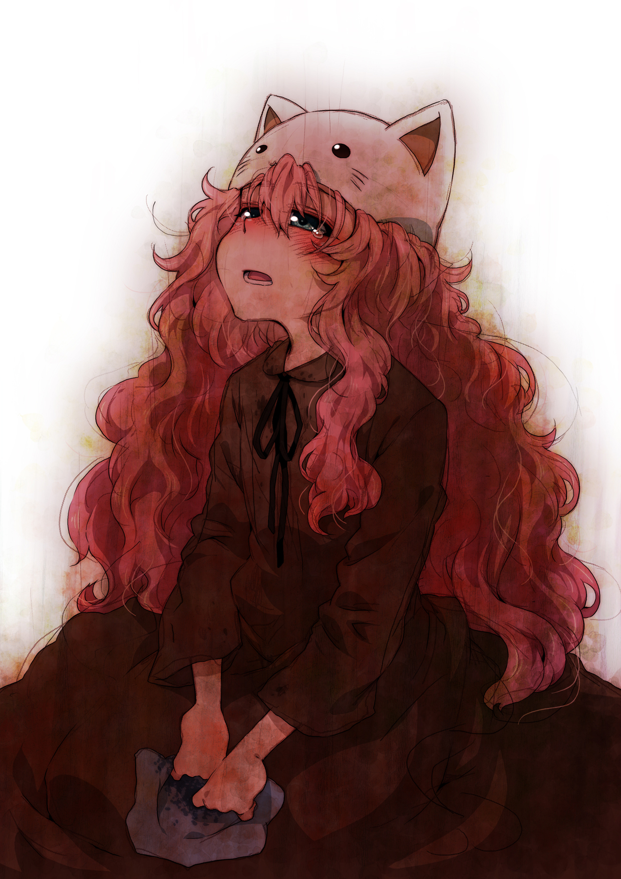 takanashi ringo, megurine luka, megurine luka (toeto), toeto (vocaloid), vocaloid, highres, 1girl, animal hat, cat hat, female focus, gradient background, hat, long hair, pink hair, solo, tears, white background