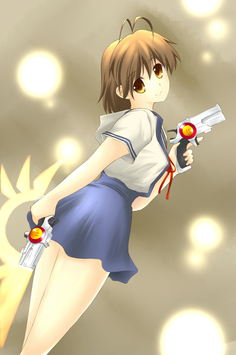 hibana junkei, k6fireworks, cross mirage, furukawa nagisa, nakahara mai, teana lanster, clannad, lyrical nanoha, mahou shoujo lyrical nanoha, mahou shoujo lyrical nanoha strikers, highres, 00s, antenna hair, borrowed weapon, dual wielding, gun, holding, school uniform, solo, voice actor connection, weapon
